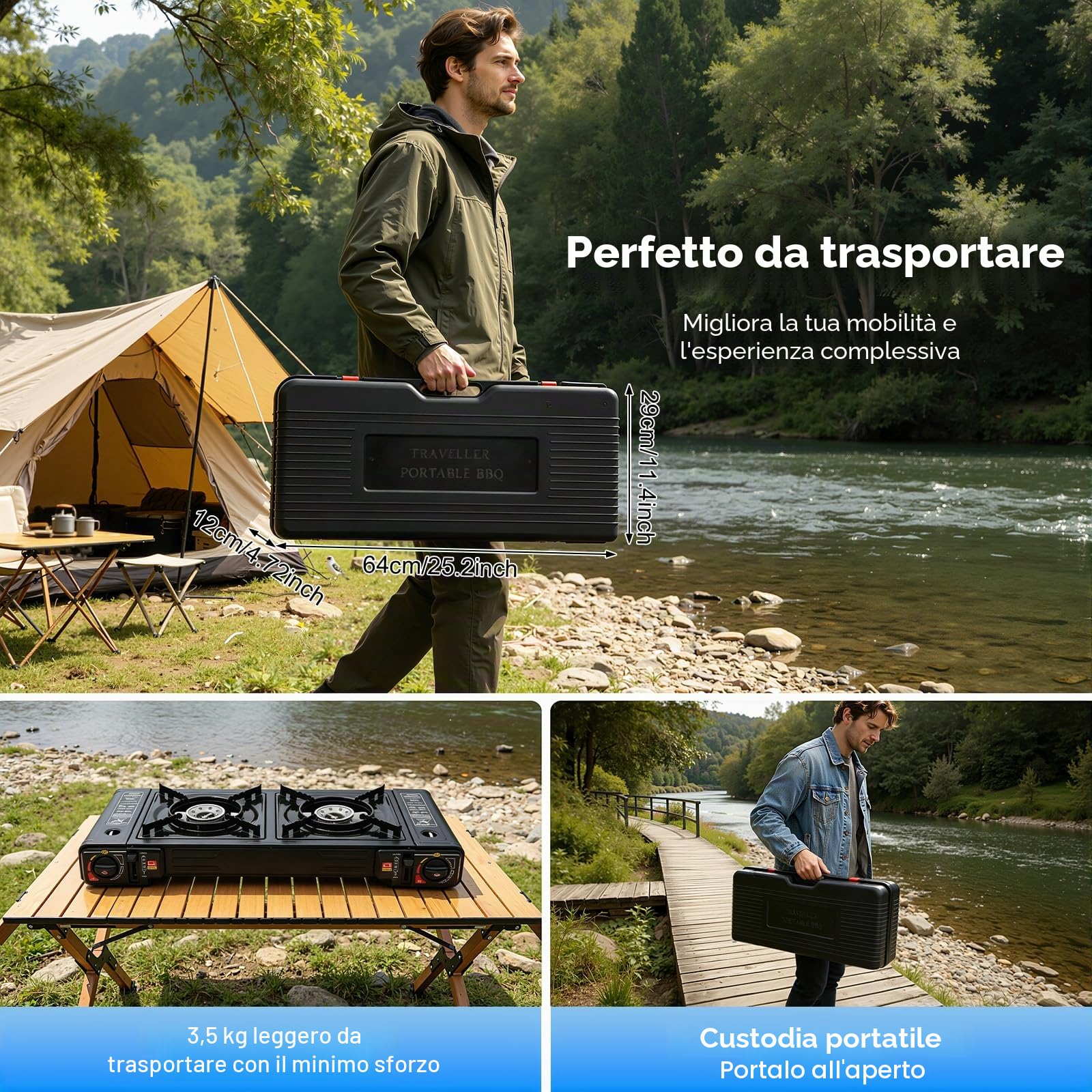 Fornello a gas da campeggio a 2 fuochi, butano con stoccaggio, stufa da campeggio portatile, accensione piezoelettrica automatica, bruciatore da campeggio LPG per camper, appartamenti,