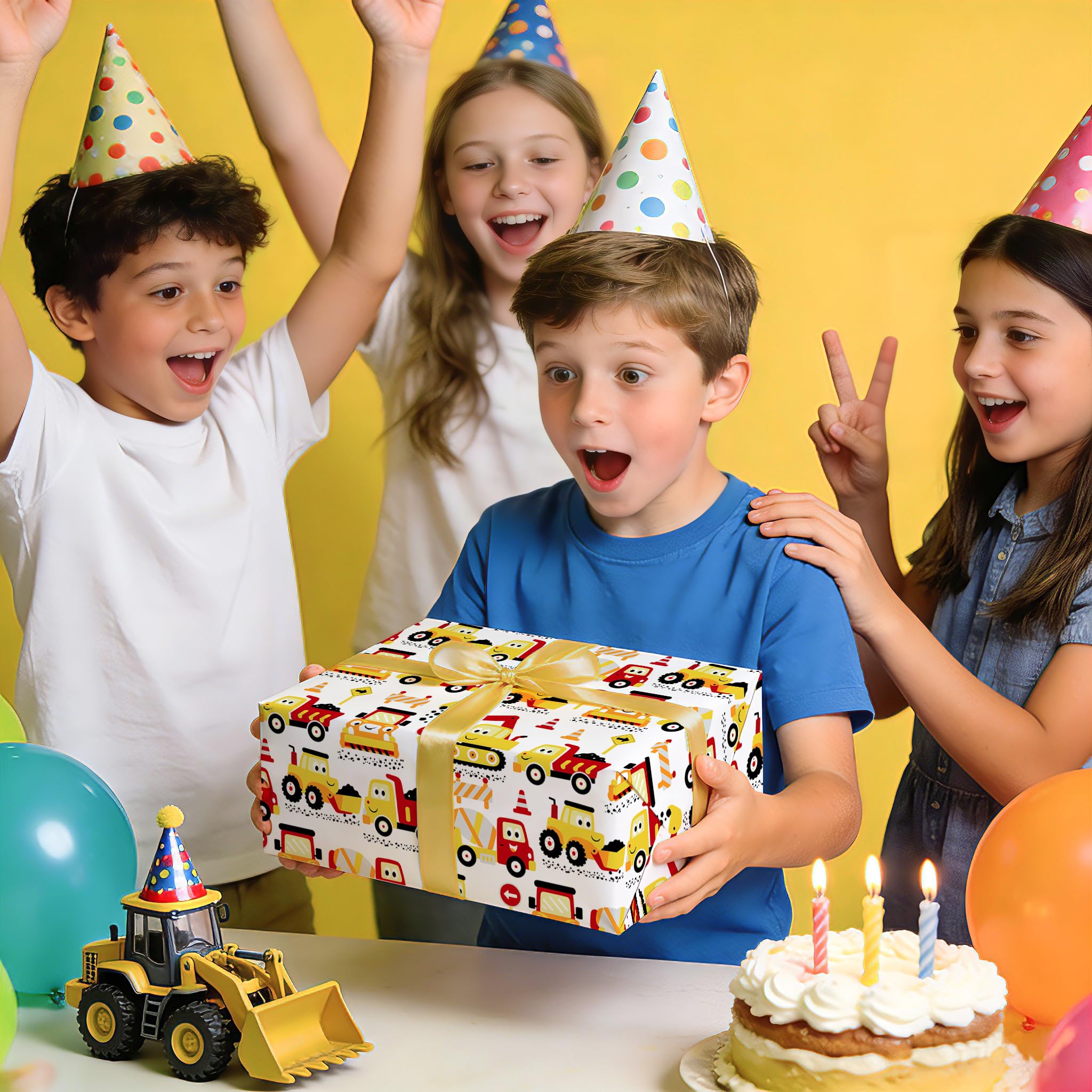 WRAPAHOLIC Jumbo Rouleau de papier cadeau de construction – 76,2 cm x 10 m – Motif tracteur pelleteuse, camion pour anniversaire de garçon, fête prénatale