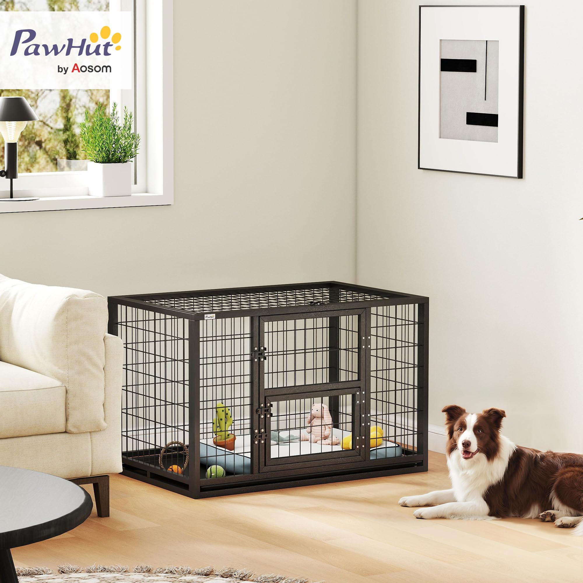 PawHut - Jaula para perro resistente de acero con tubos cuadrados, para interior con techo corredizo y puerta de alimentación, jaula de metal, 94 x 60 x 64 cm, para border Collie y perro mediano