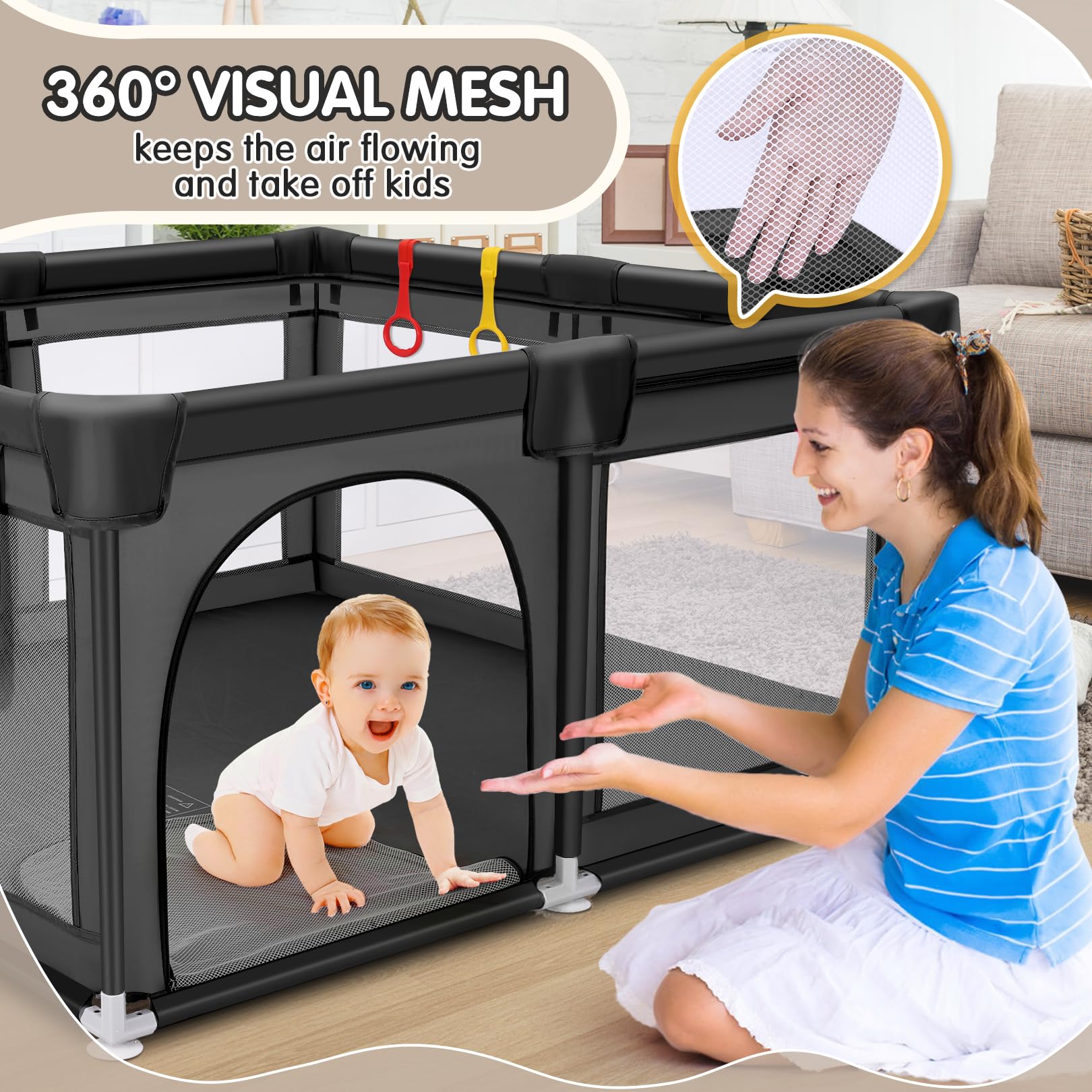 Sailnovo Baby Playpens for Babies and Toddlers, Large Baby Fence Play Pen Yard for Kids Activity Center, Play Pin with 8 Anti-Slip Suckers, 4 Handlers, Storage Bag, Black(51'x51')