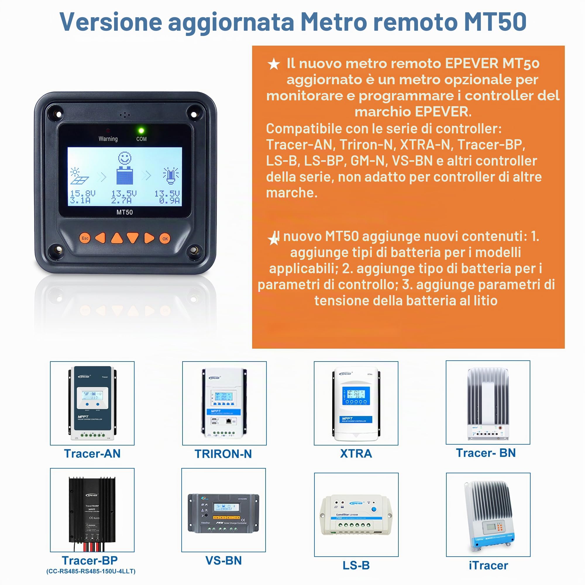 EPEVER MT50 - Misuratore remoto per controller di carica solare MPPT, monitoraggio e impostazione parametri per controller EPEVER 10A 20A 30A 40A 50A 60A 80A 100A (MT50)
