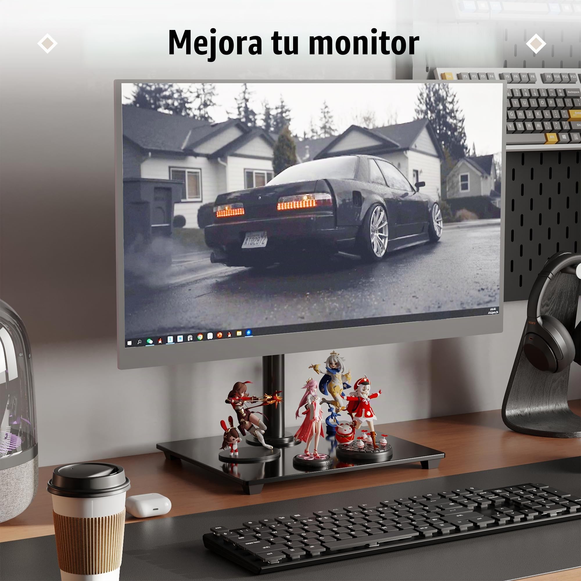 BONTEC Soporte Monitor de Brazo Único para Pantalla de 13-32 ”, Soporte Monitor Escritorio con Giro e Inclinación, Altura Ajustable, hasta10 kg, VESA 75/100 mm, Base de Vidrio Templado, para Oficina