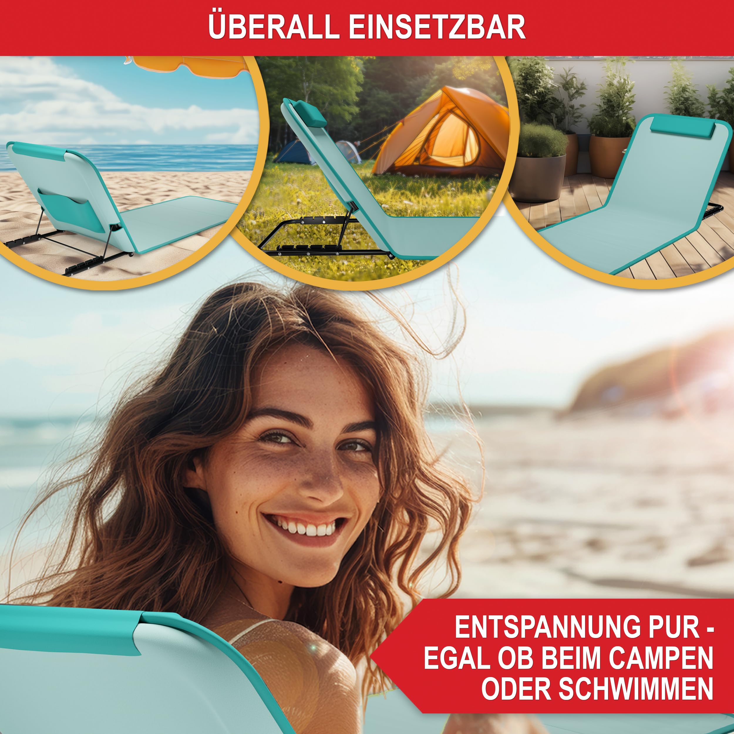 Onbest Bequeme Strandliege 165 cm lang - mit Verstellbarer Rückenlehne und Liegekissen – praktisches Staufach – Strandmatte klappbar – Leichter Transport – inkl. Tragetasche - Strandmatte (Türkis)