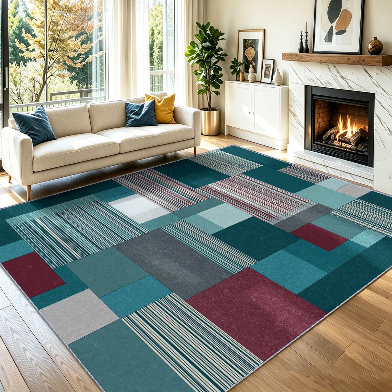 Tapis de salon géométrique 90x150 cm multicolore à poils courts