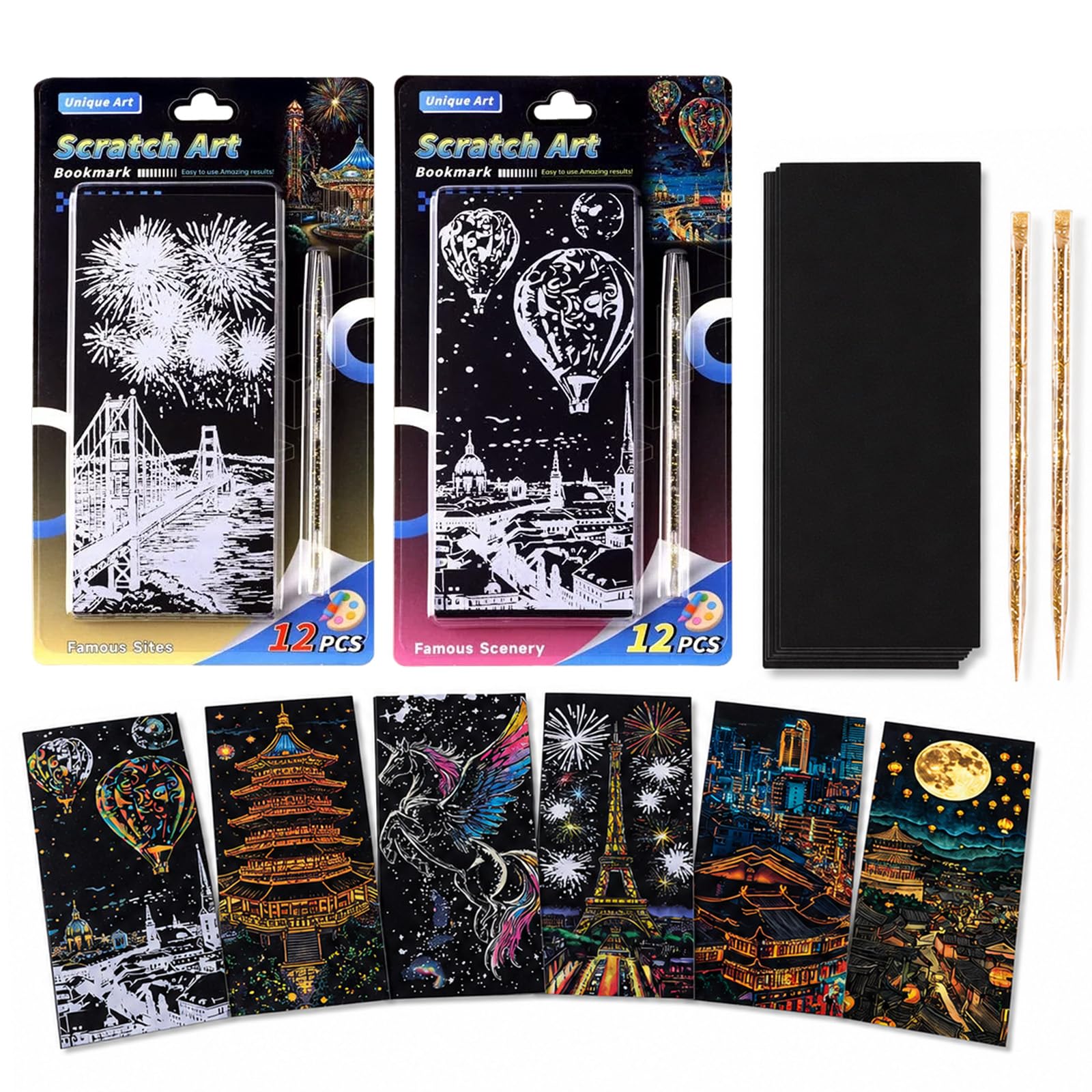 24pcs City Night Scratch Art Bookmarks, Creative Arts Craft for Kids Adults