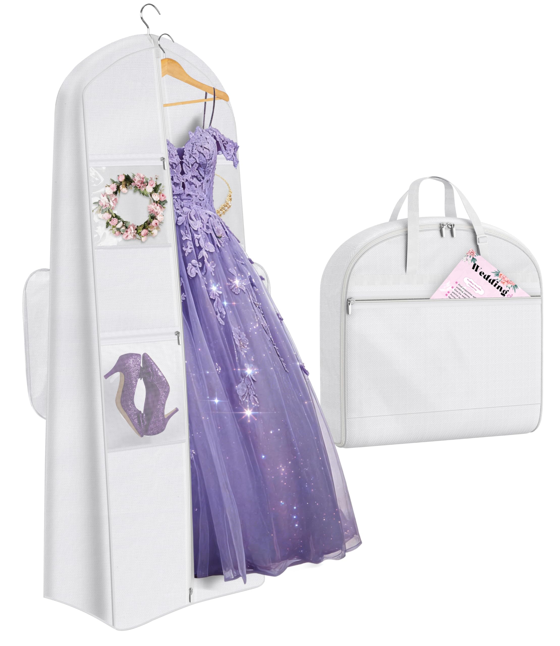 MISSLO 2-in-1 Wedding Dress Garment Bag with 5 Bride Accessories Pockets 70 Dress Bags for Gowns Long with
