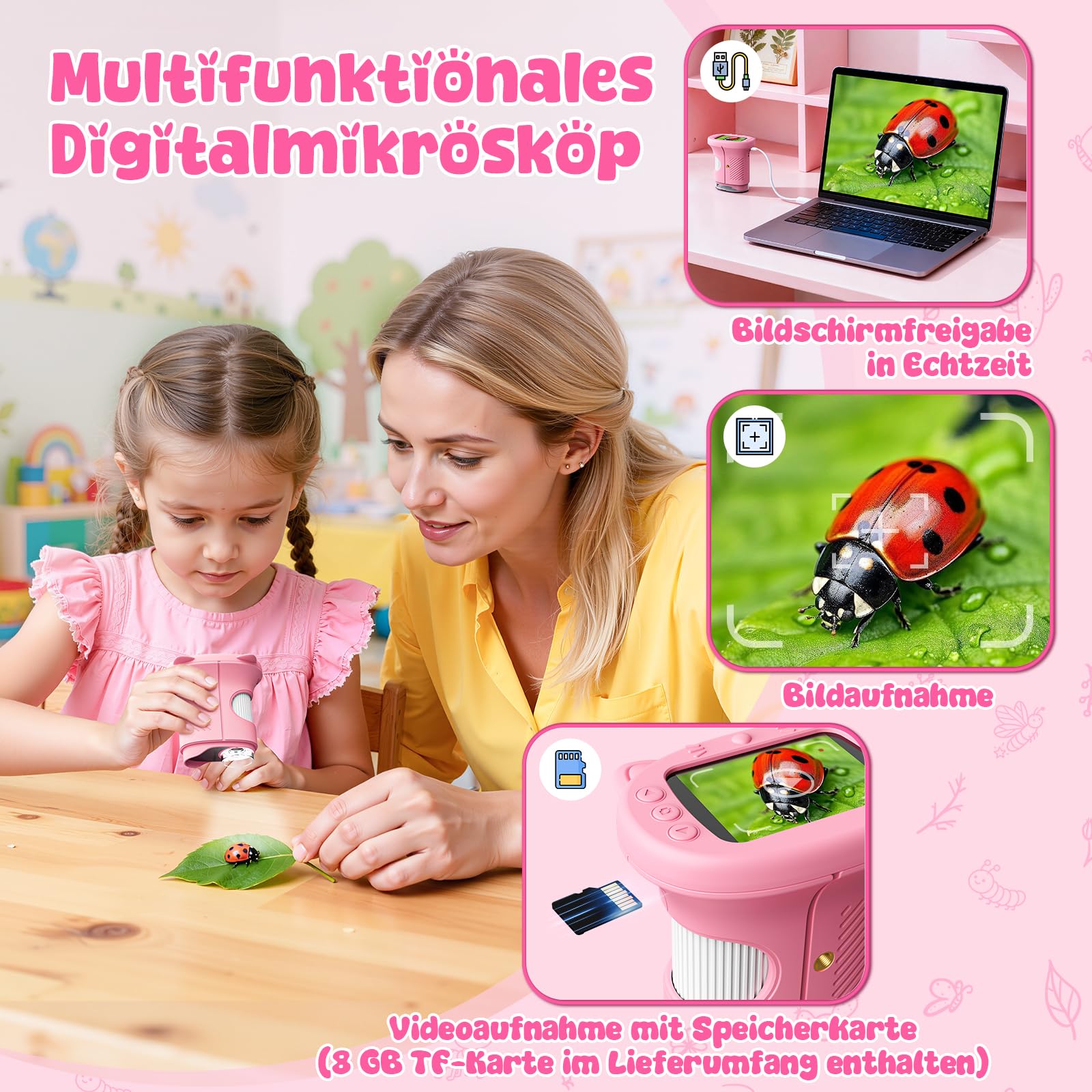 Microscopio Digital para Niños con Pantalla de 2.4'',Recargable 1000x,Microscopio de Bolsillo Portátil para Niñas de 3 a 10 Años (Rosa)
