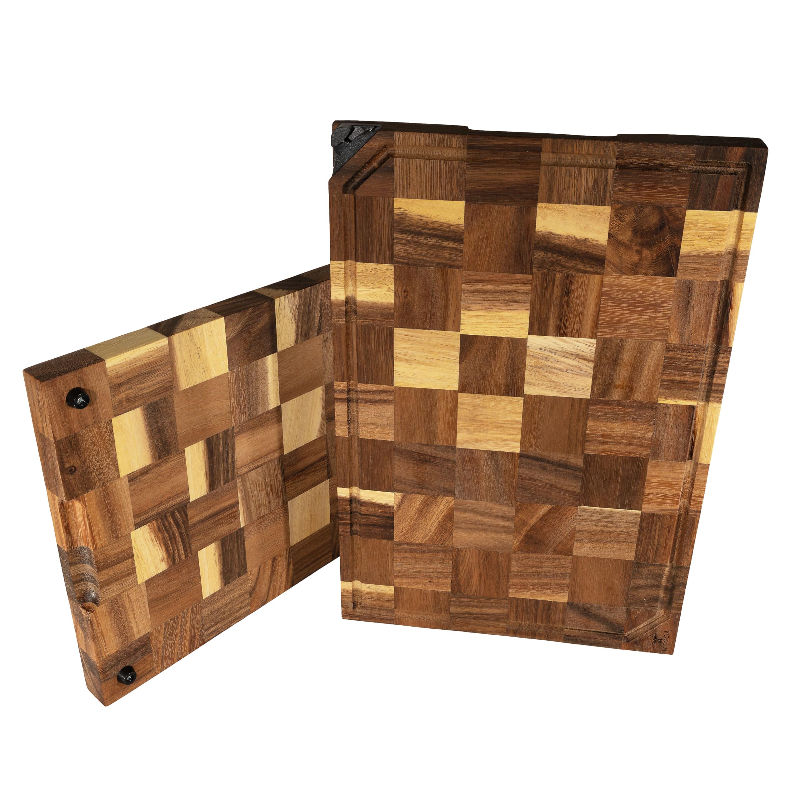 Holzschneidebrett aus massiver Akazie mit integriertem Messerschärfer (45x30x3cm) - Schneidebrett Holz mit einzigartiger Optik durch Stirnholz - Schneidebrett mit durchgehender Saftrille