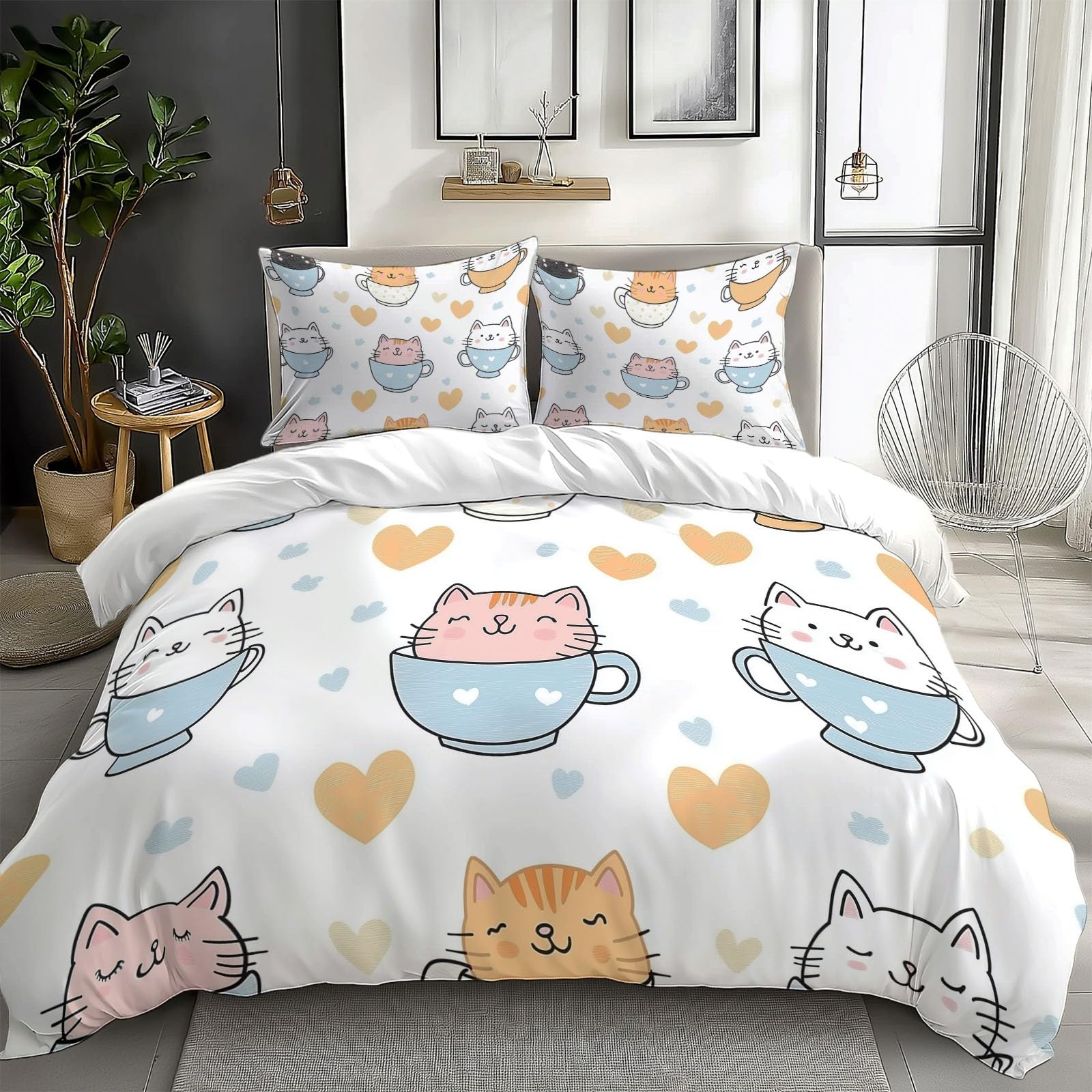 California King Duvet Cover Cartoon Cat Love Coffee Cup Cal King Bedding Duvet Cover Set, 3 Pieces, Soft and Breathable Comforter Cover with 2 Pillow Shams, for All Season