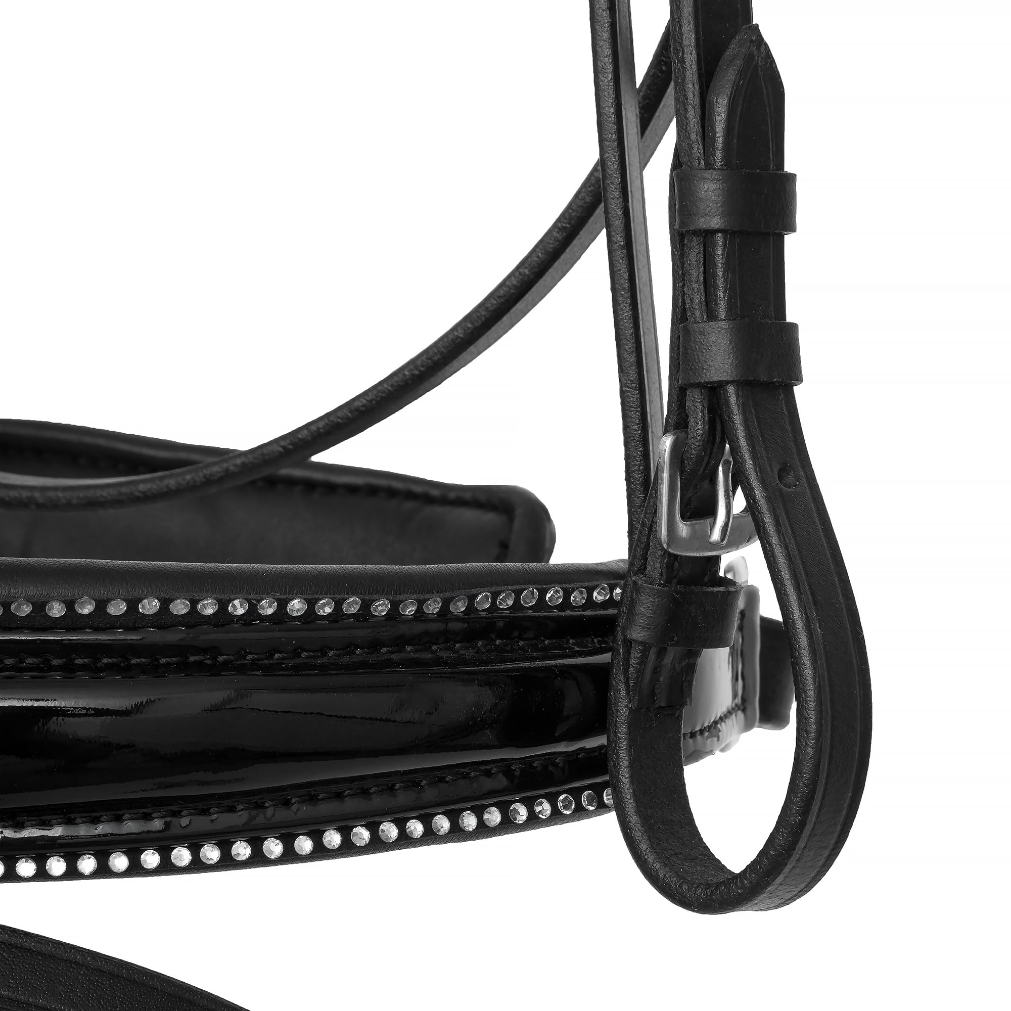 Ledertrense mit Kristallen Anatomisch gepolstert Komplettes Set inkl. Zügeln Elegantes Stirnband Komfort Pferd Schwarz Silber Full Warmblut
