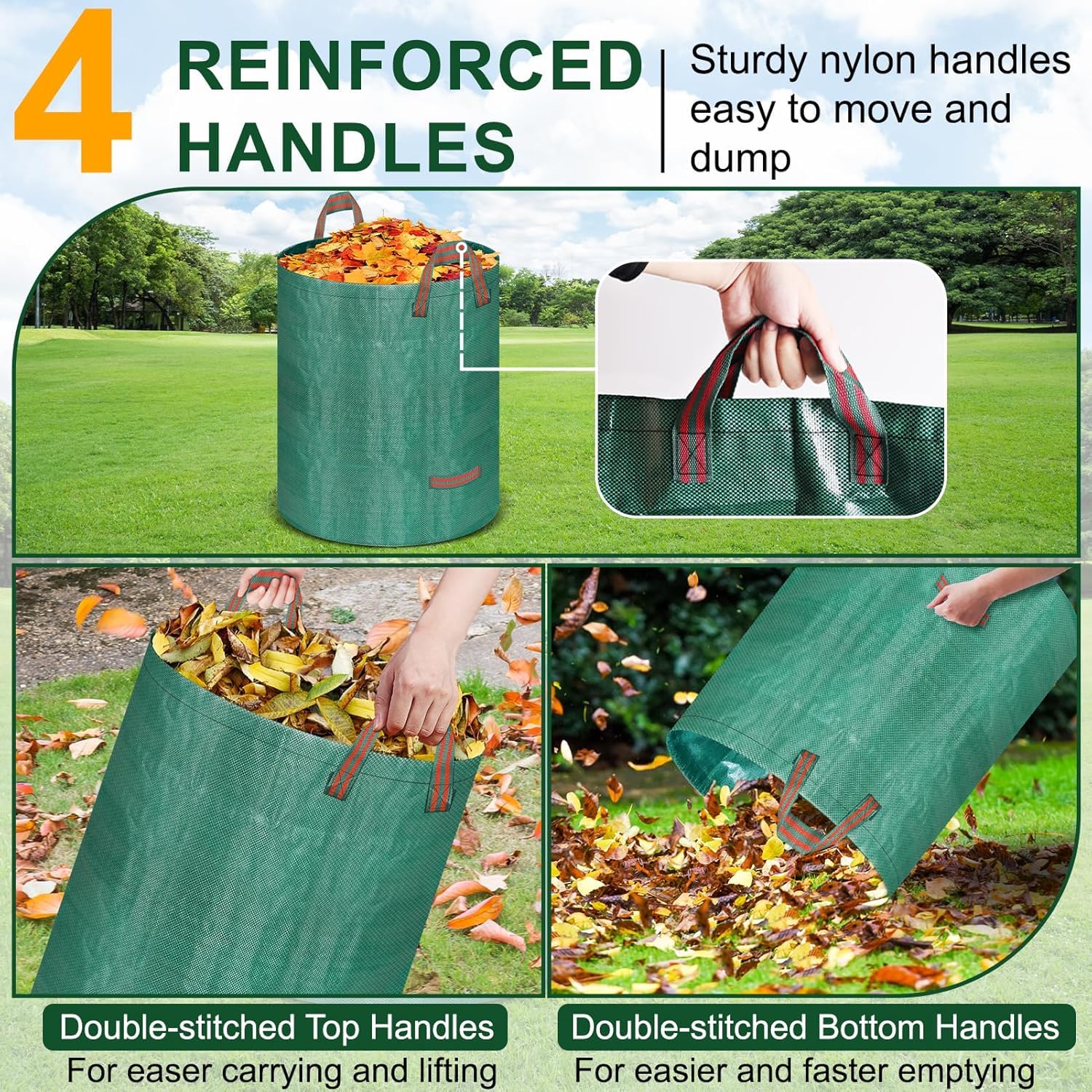 Bolsas de jardín, 3 x 200L Autoportantes y Plegables, Bolsas de Hojas Autoportantes, para Residuos de Jardín, Hojas Secas, Restos de Poda