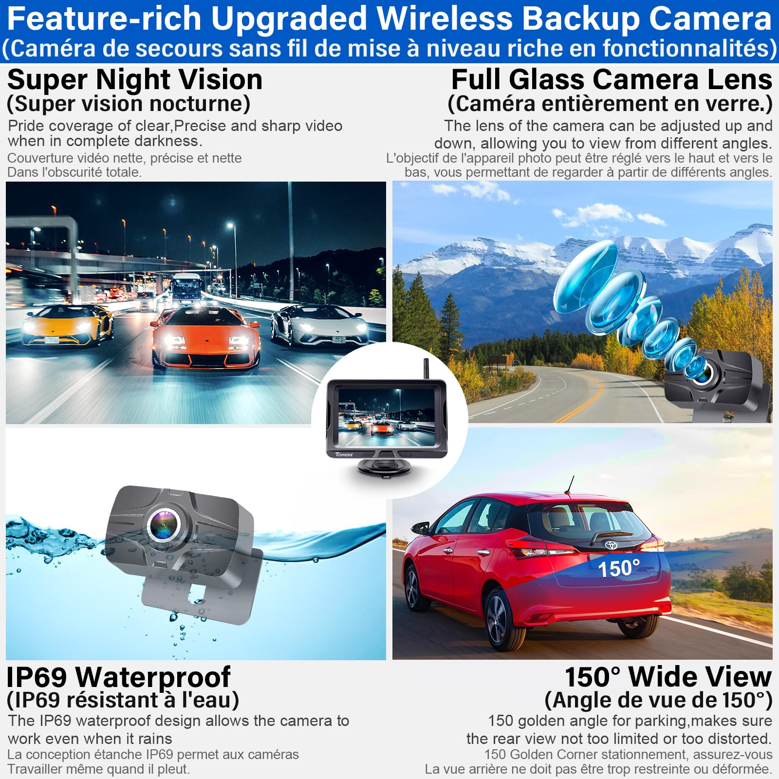 Caméra de Recul sans Fil HD 1080P 5 Pouces Camera de Recul Voiture Ensemble étanche Vision Nocturne T2