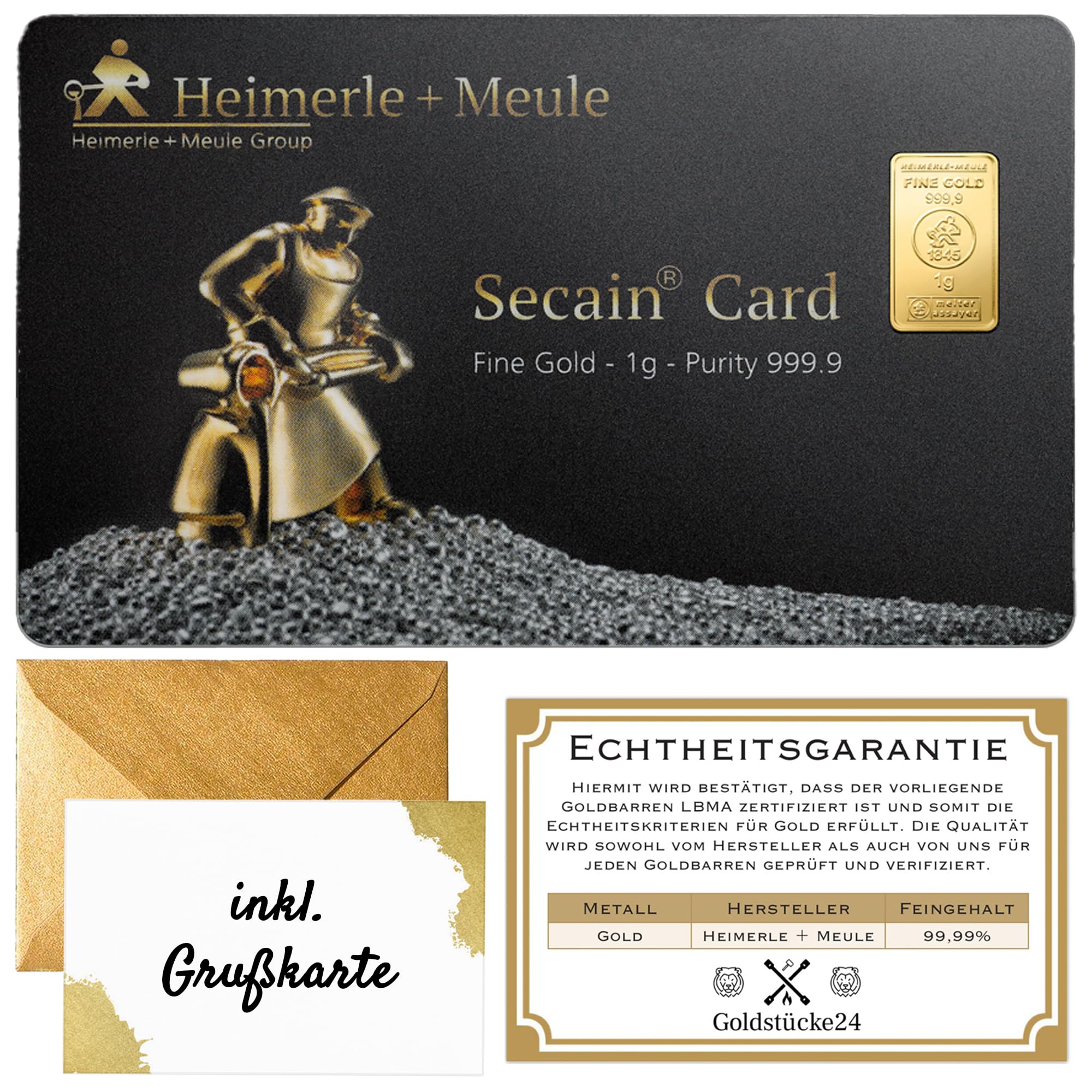 Geschenk aus Gold – Goldbarren - Heimerle+Meule - Secain Card - inkl. Geschenkverpackung, Grußkarte und Echtheitsgarantie (1g Gold)