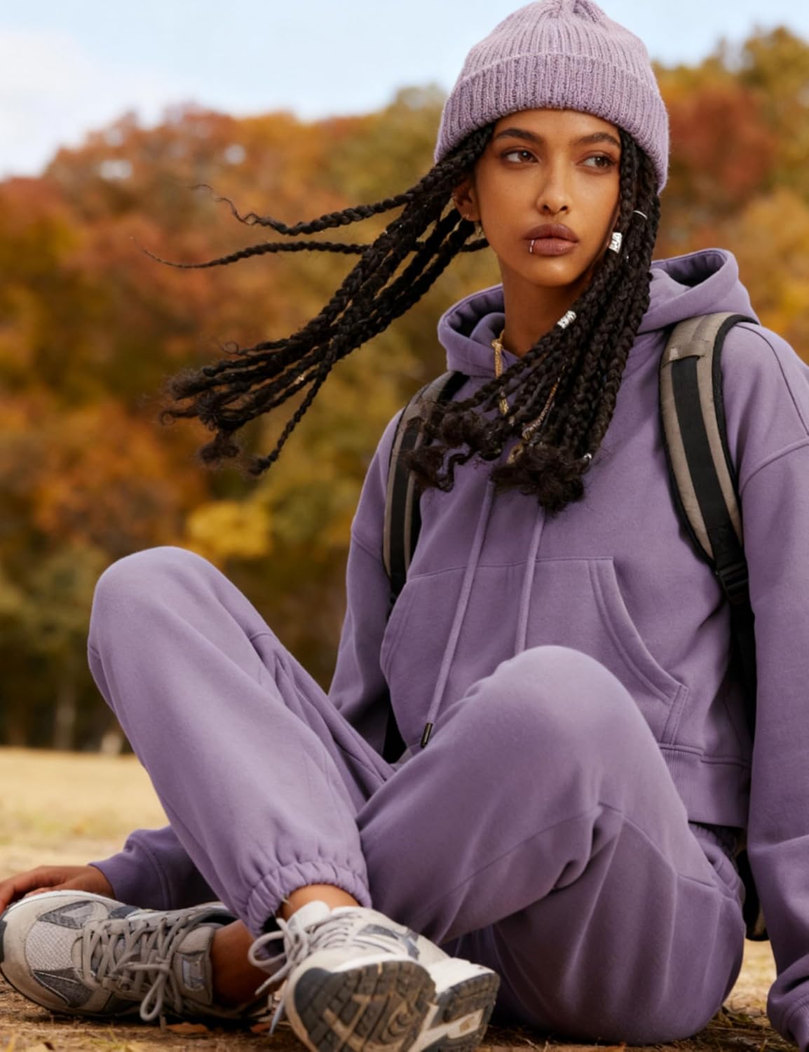 Womens Fleece 2 Piece Outfits Sweatsuit Crop Hooded Pullover Sweatshirt Top Jogger Sweatpants Tracksuits Set (Purple-M) - Image 6