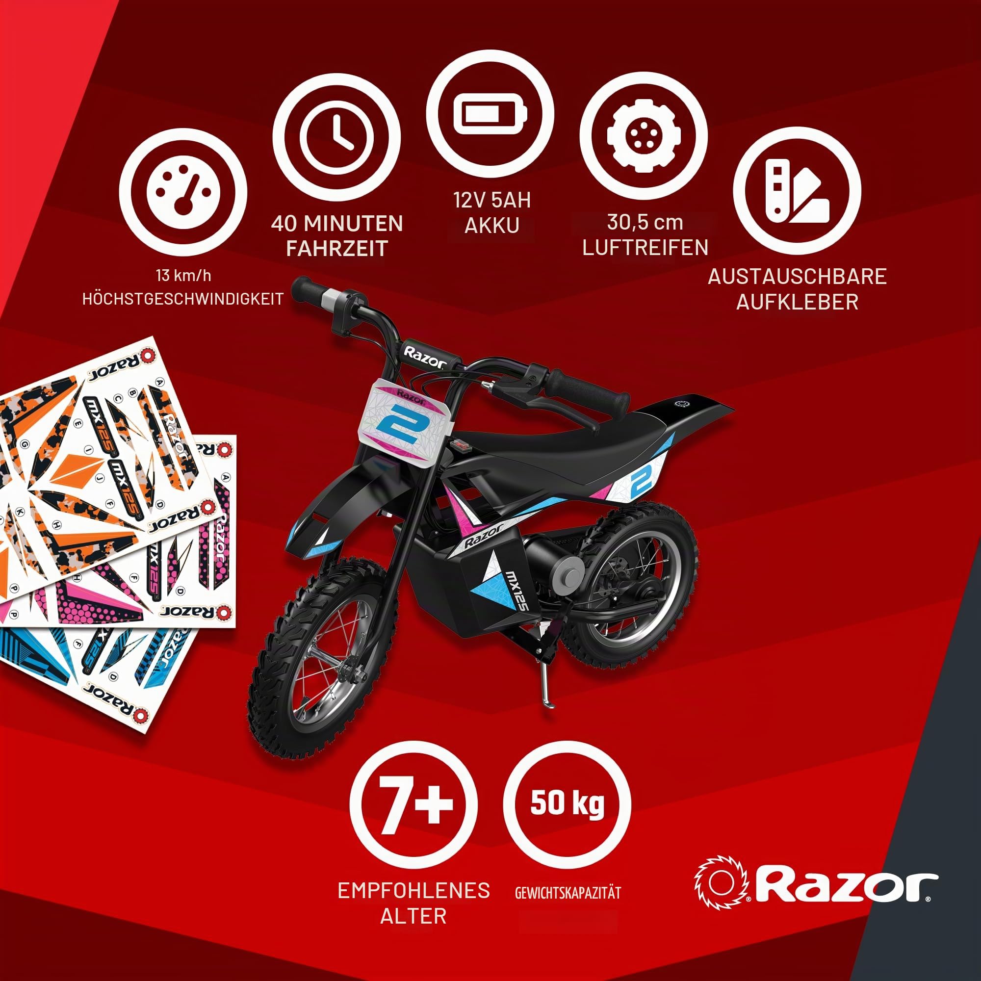 Razor – MX125 Dirt Rocket Elektrisches Dirtbike mit Aufklebern für Kinder ab 7 Jahren, 8 Meilen pro Stunde Höchstgeschwindigkeit und 40 Minuten Fahrzeit, 12 V 5 Ah Batterie