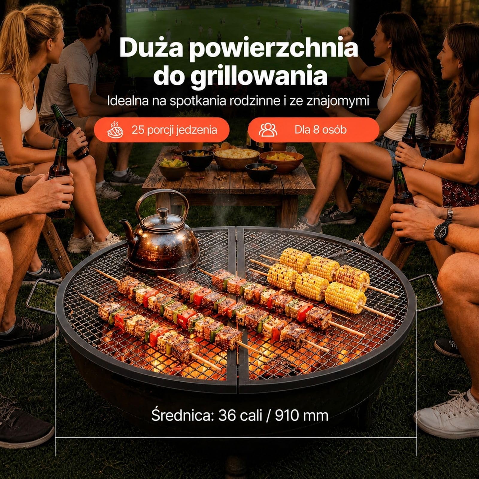 Okrągły stalowy ruszt do paleniska, składana kratka BBQ w kształcie X z uchwytem i podporą na kemping, taras oraz gotowanie na zewnątrz, czarny