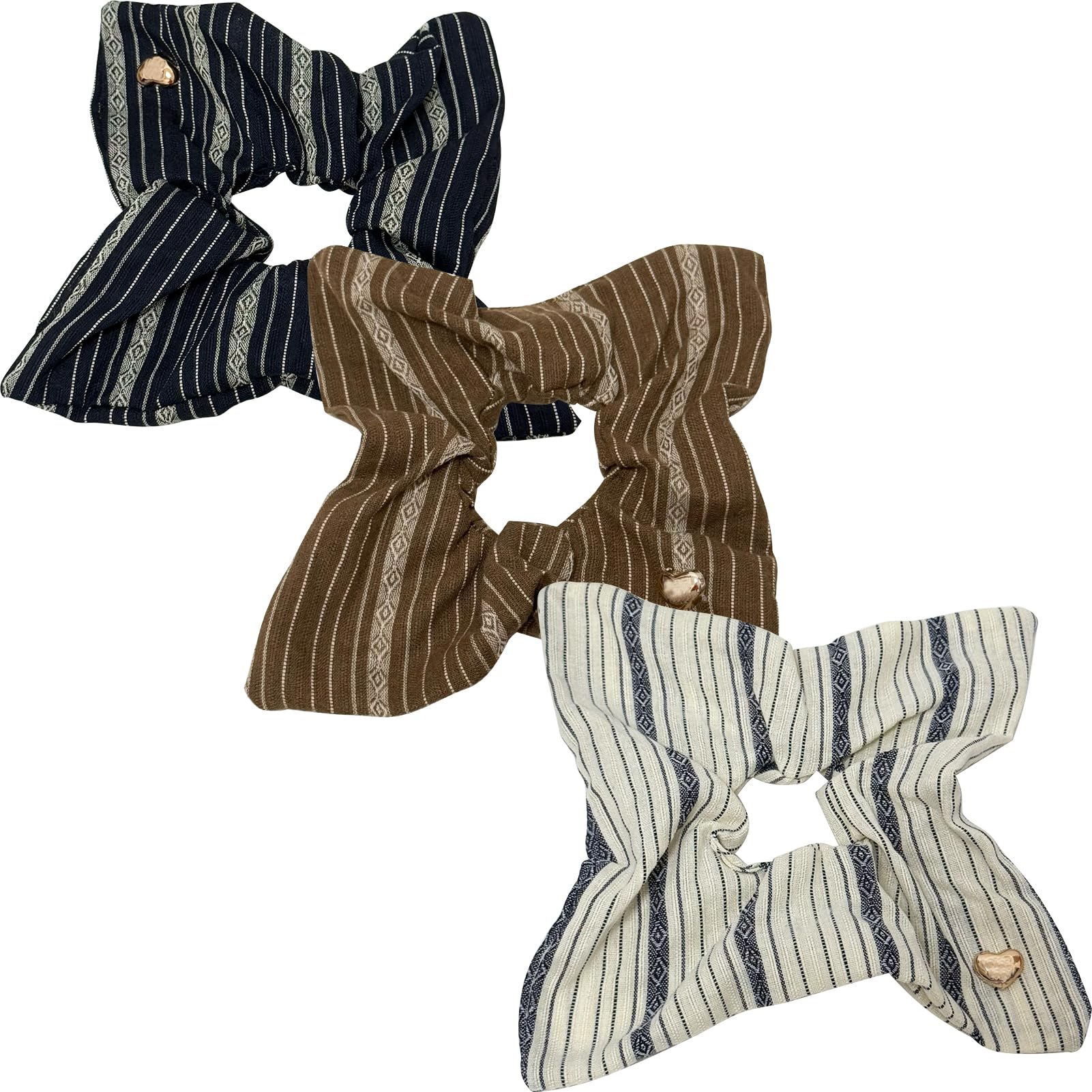 Jseng Square Hair Scrunchies - Boho Striped Linen Texture - Elastic Hair Ties Bands Hair Scrunchy Ponytail Holder for Women - 3PCs Vintage Beige,