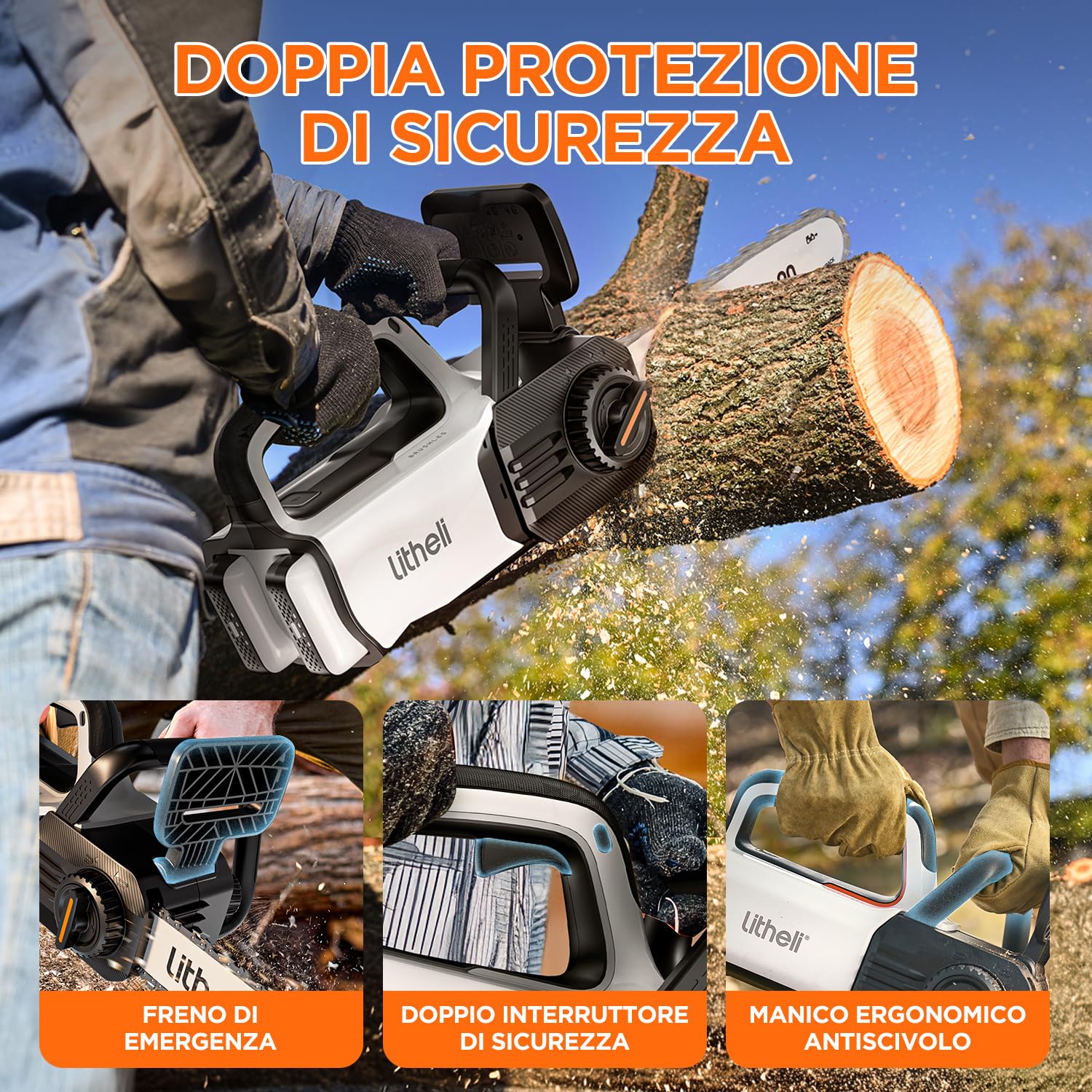 Litheli Motosega a Batteria per Potatura, Motosega Elettrica a Batteria Brushless da 30cm, Lubrificazione Automatica, Sicurezza Design per il Taglio Del Legno e Giardini