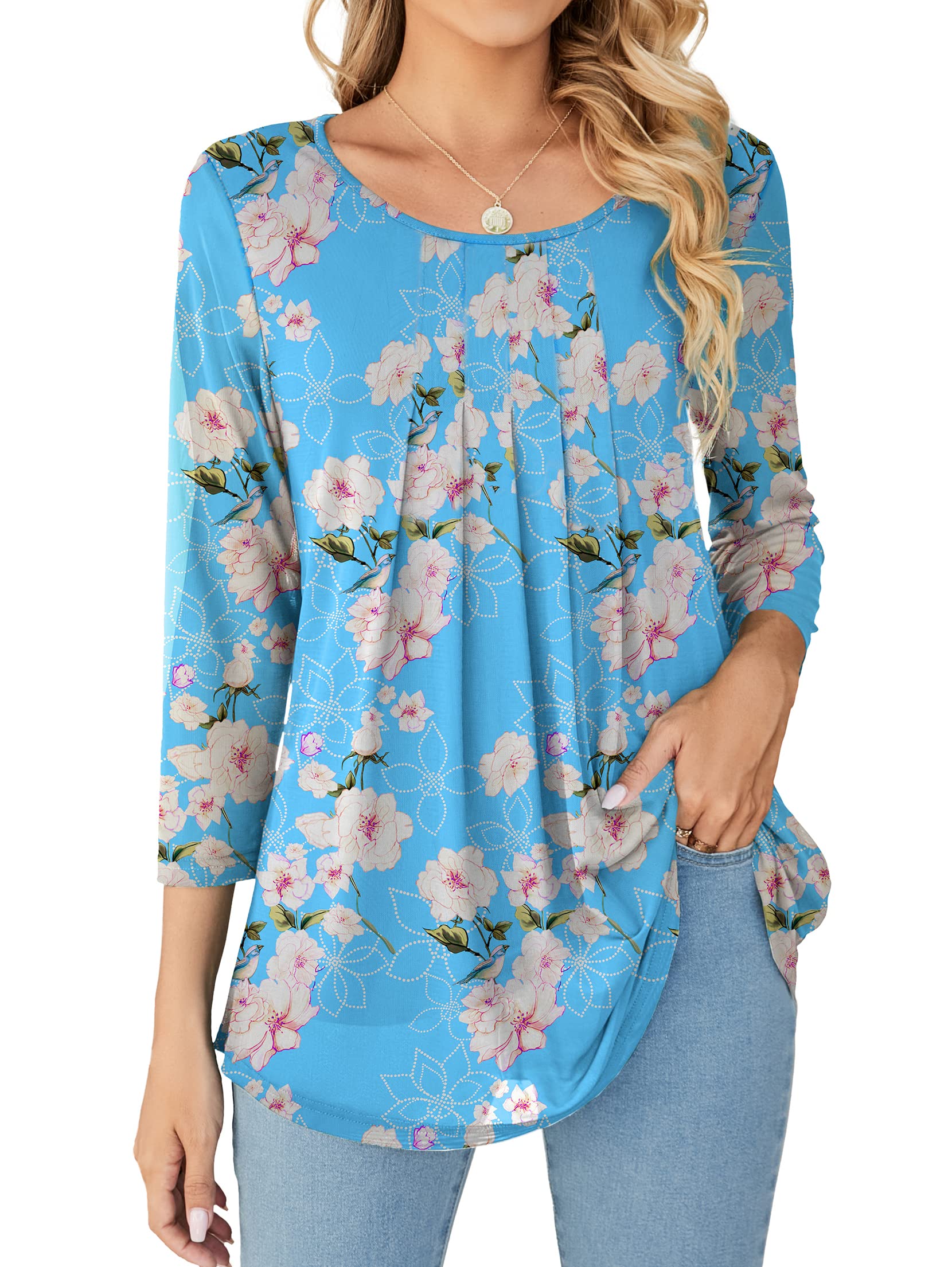 WANGZHI Womens 3/4 Sleeve Pleated Round Neck Blouses Dressy Casual Fall Mesh Tops for Women 2025