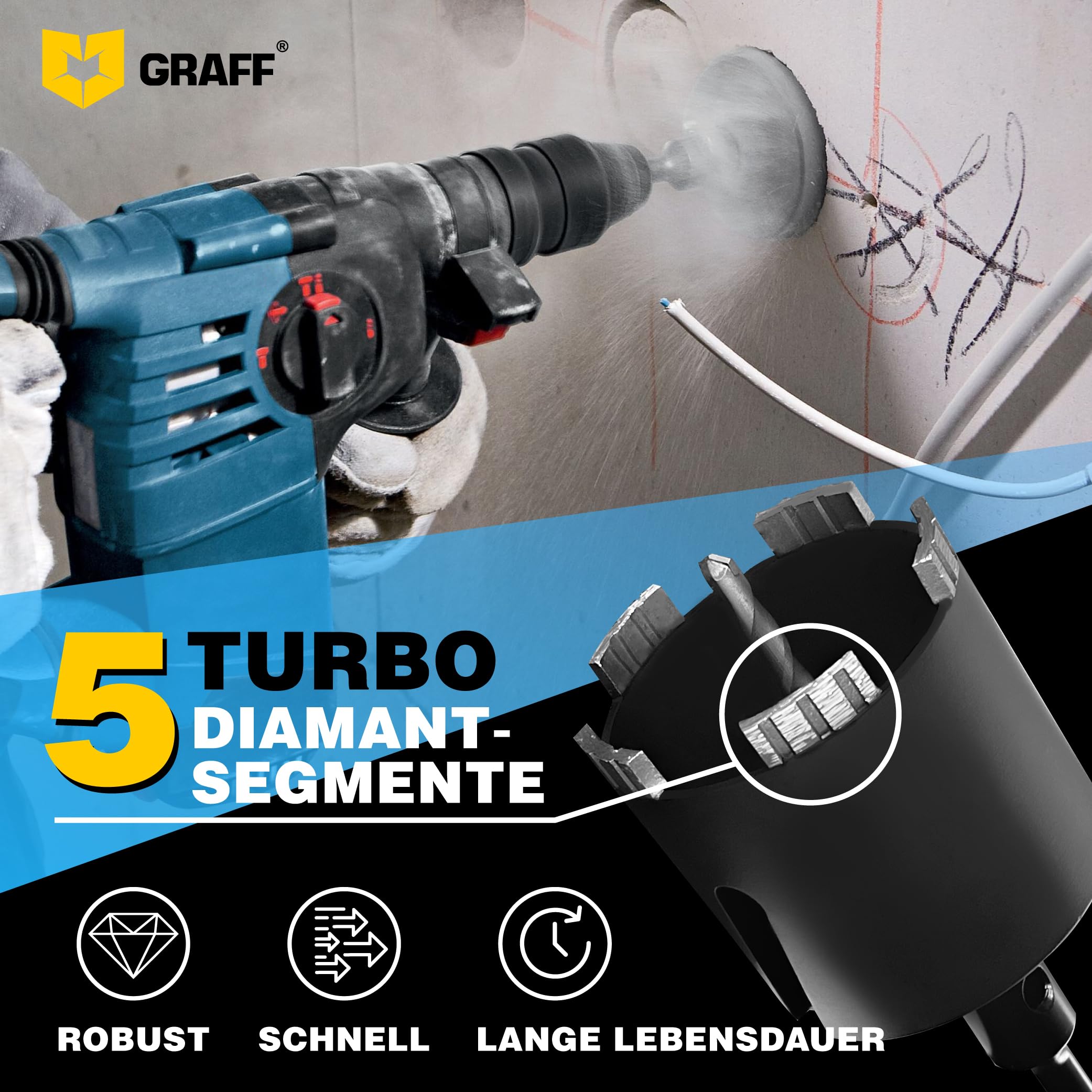GRAFF Diamant Bohrkrone 82mm Beton Dosensenker Dosenbohrer - Diamant Bohrkronen Set für Mauerwerk Ziegel Poroton Putz Gestein - Steckdosenbohrer und Lochsäge für SDS Plus Bohrhammer