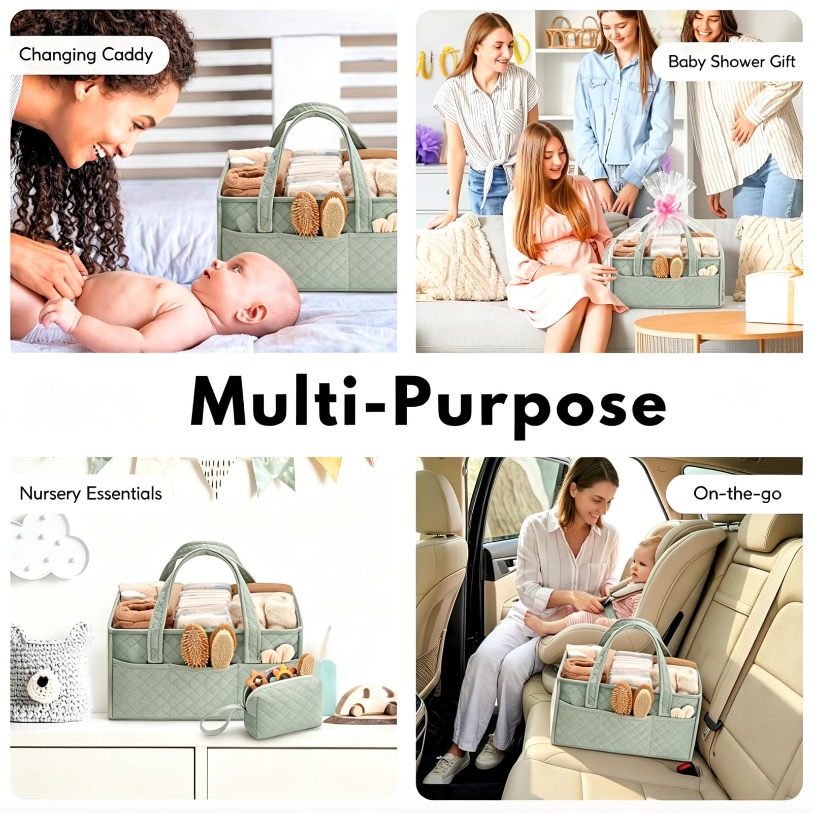 Wickeltisch Organizer, Groß Wickeltasche Organizer mit Kleine Aufbewahrungstasche, Wickelkorb mit Griffen & Herausnehmbare Trennelemente, Wickelorganizer für Wickel und Babysachen (Salbeigrün)