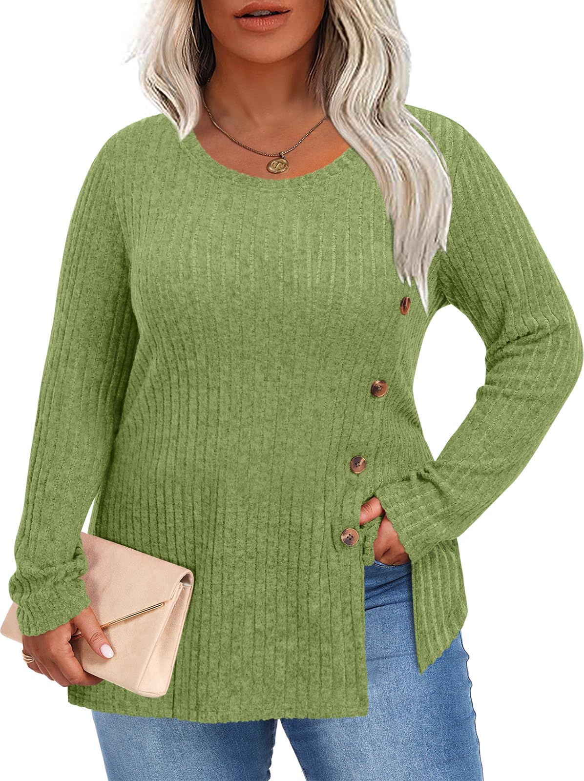 HOTGIFT Women Plus Size Top Knit Long Sleeve Sweater Button Tunic XL-5XL