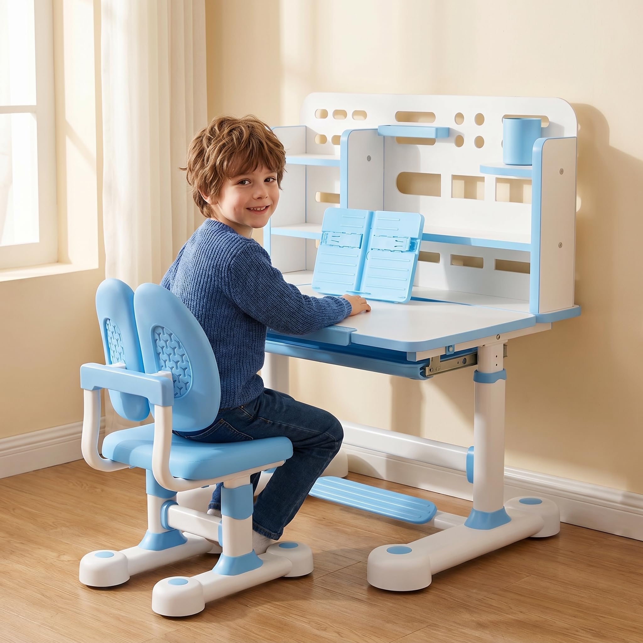 joukares Kids Desk and Chair Set, Height Adjustable Childrenโs Study Table with 0-50ยฐ Tilting Desktop, Storage Drawer, Student Writing Desk for Reading, Drawing, Homework, Home Learning