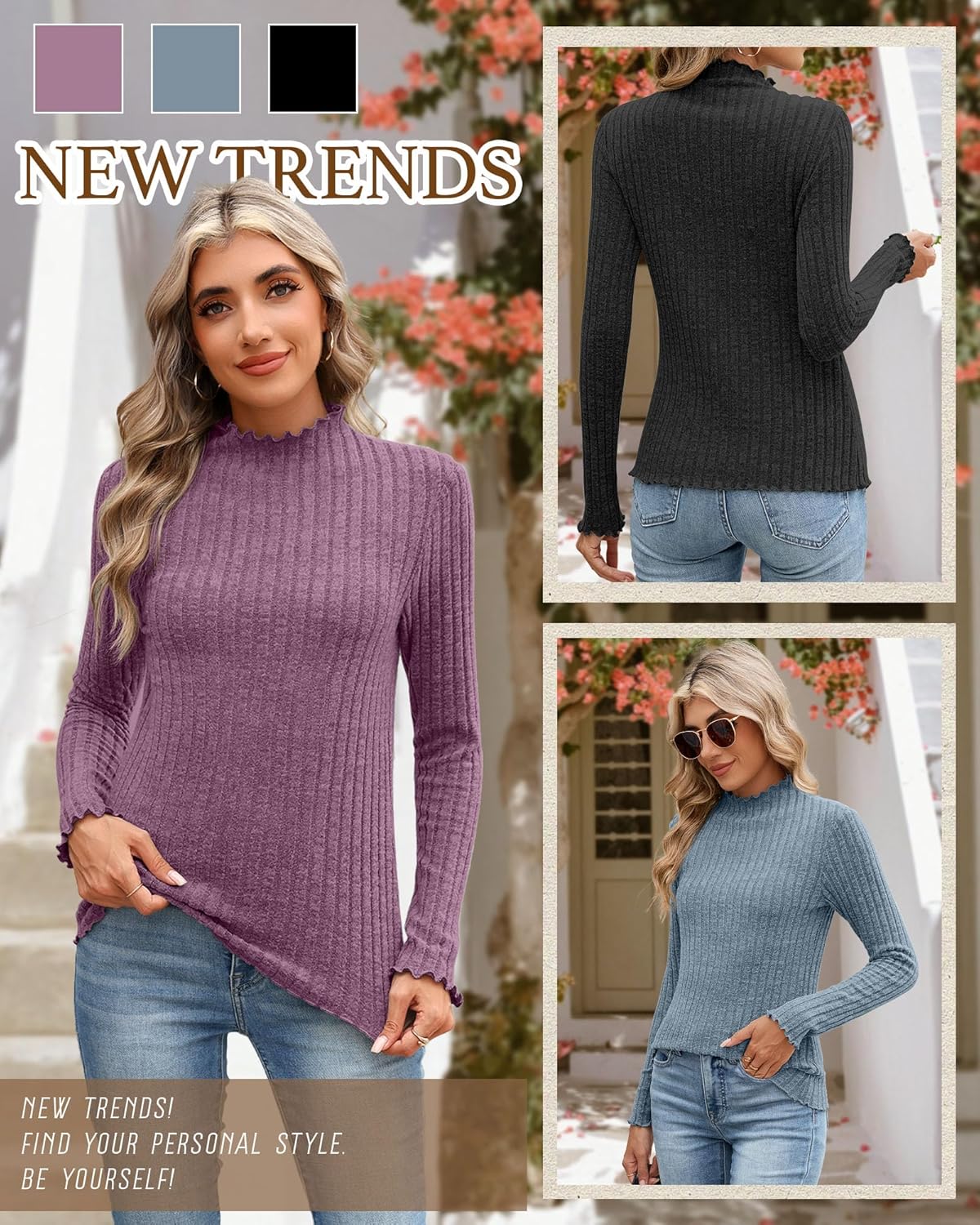 3 Pack Women's Mock Neck Sweater Long Sleeve Ribbed Knit Slim Fitted Tops Lettuce Trim Lightweight Pullover Sweater - Image 3