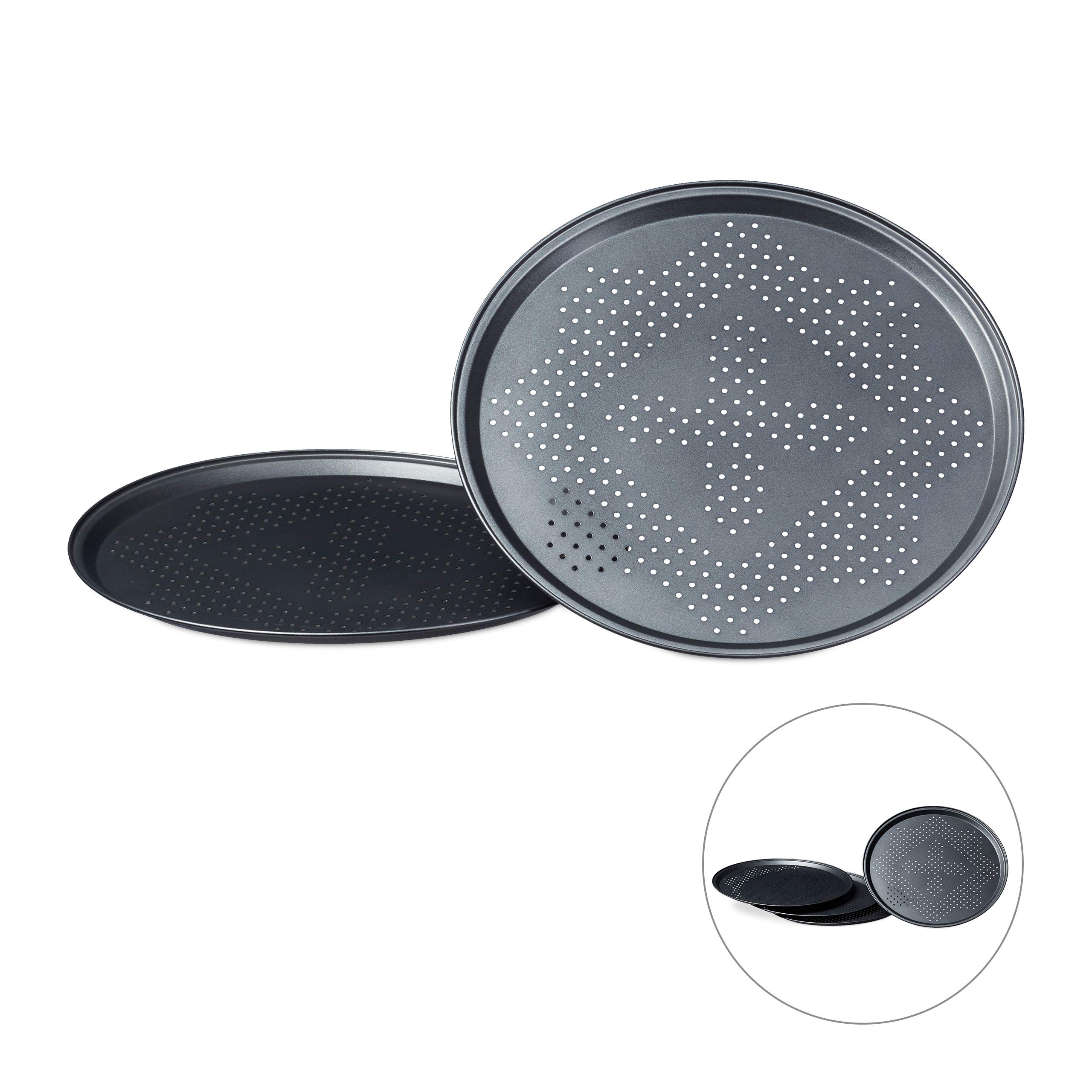 Relaxdays Pizza Pans with Perforations Set Round Pizza Baking Trays with Large Inner Diameter of 29 cm Tray for Pizza and Tarte Flambee Pizza Baking Set 2 Piece Set w/Non-Stick Coating, Gray