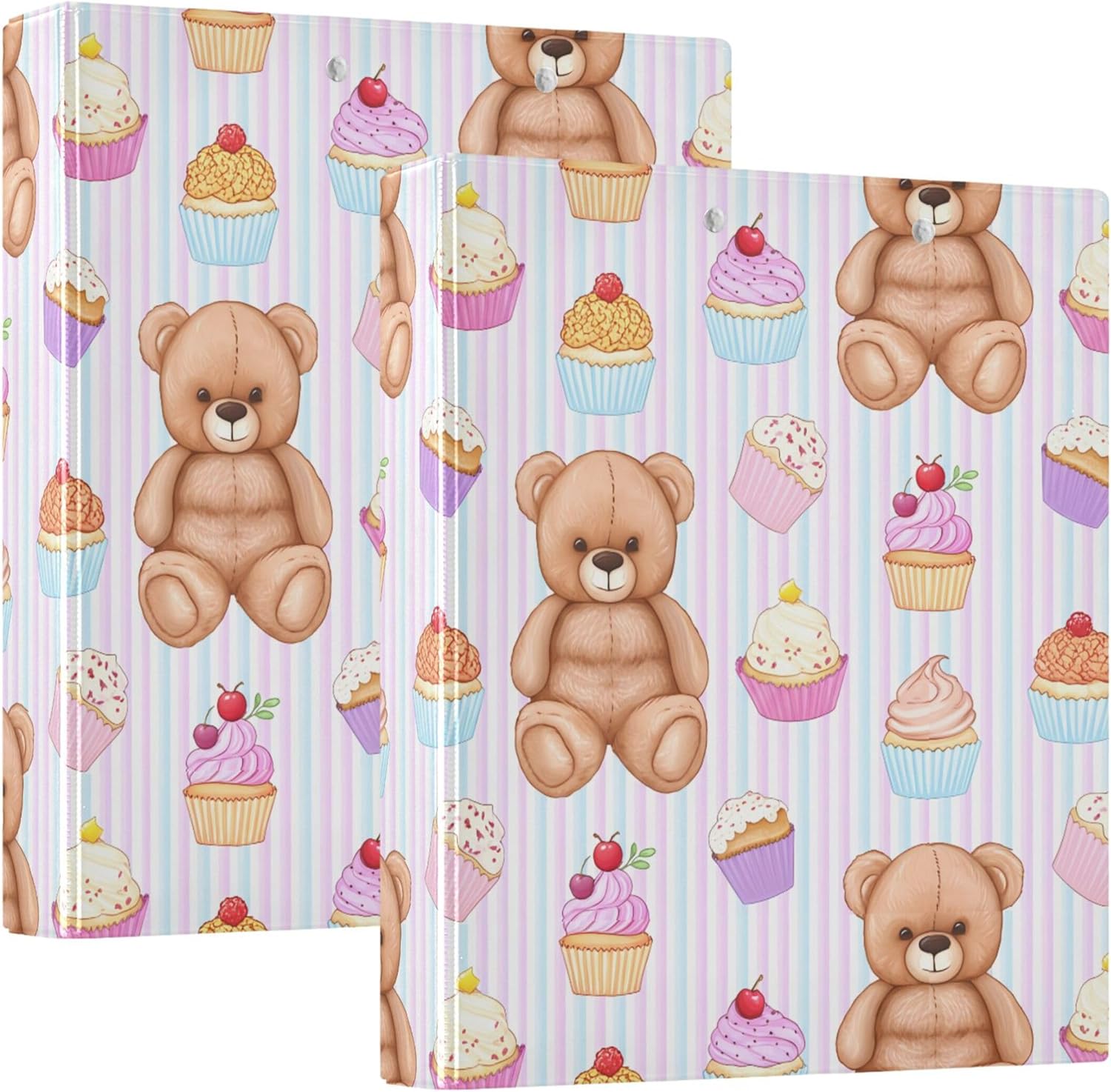 Cute Bear and Cupcakes 3 Ring Binders, 1.5” Round Ring Binders with Clipboard - Letter Size, 3 Interior PVC Clear Pockets & Anti-Slip Clip for Office School Supplies, 2PCS