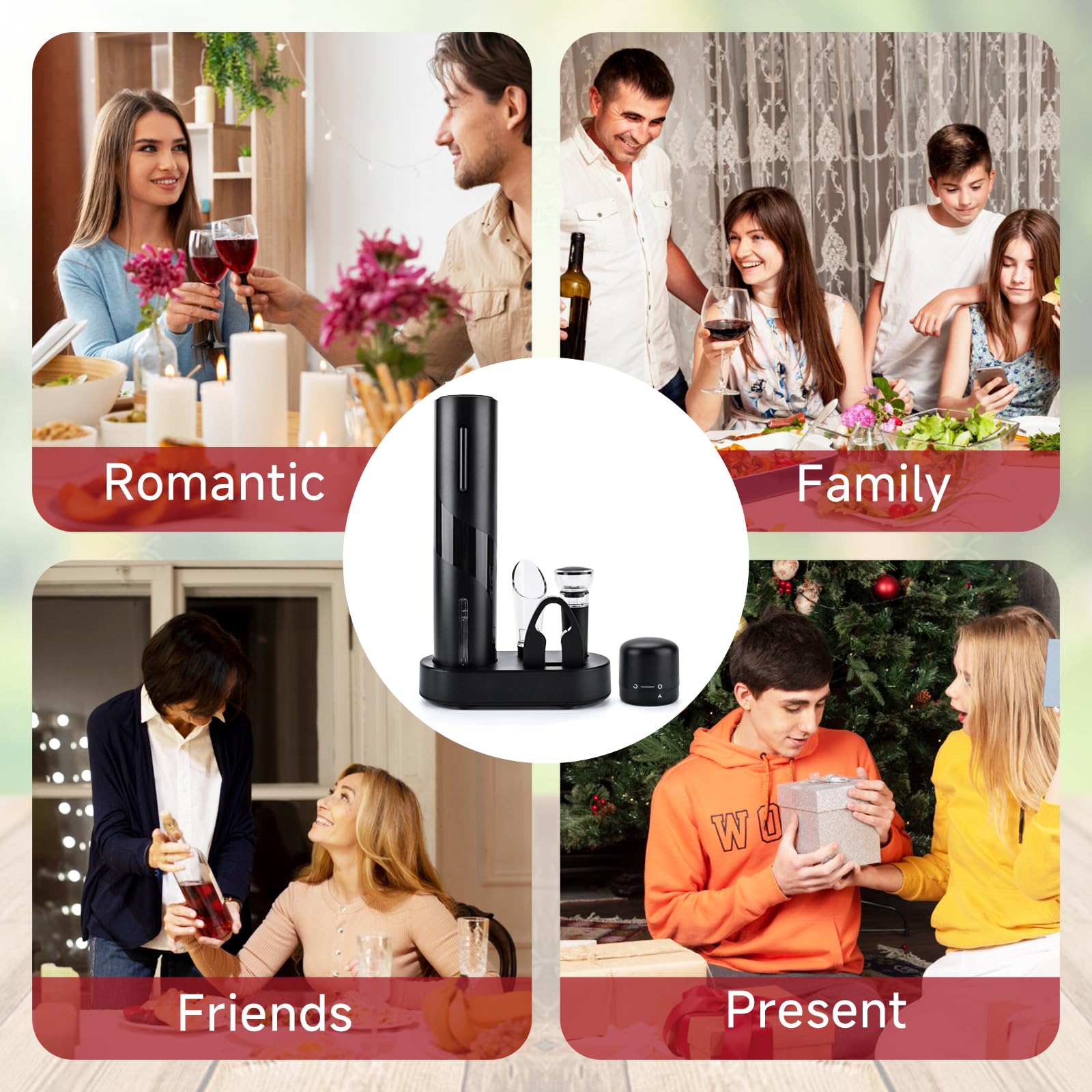 UCAMP 7 in 1 Sacacorchos Eléctrico Abridor de Vino Regalos Originales para Hombre con Abrebotellas, Cortador de Láminas, Tapones de Vacío, Boquilla Vertedora, Tapas de Sellado, Base de Carga y USB