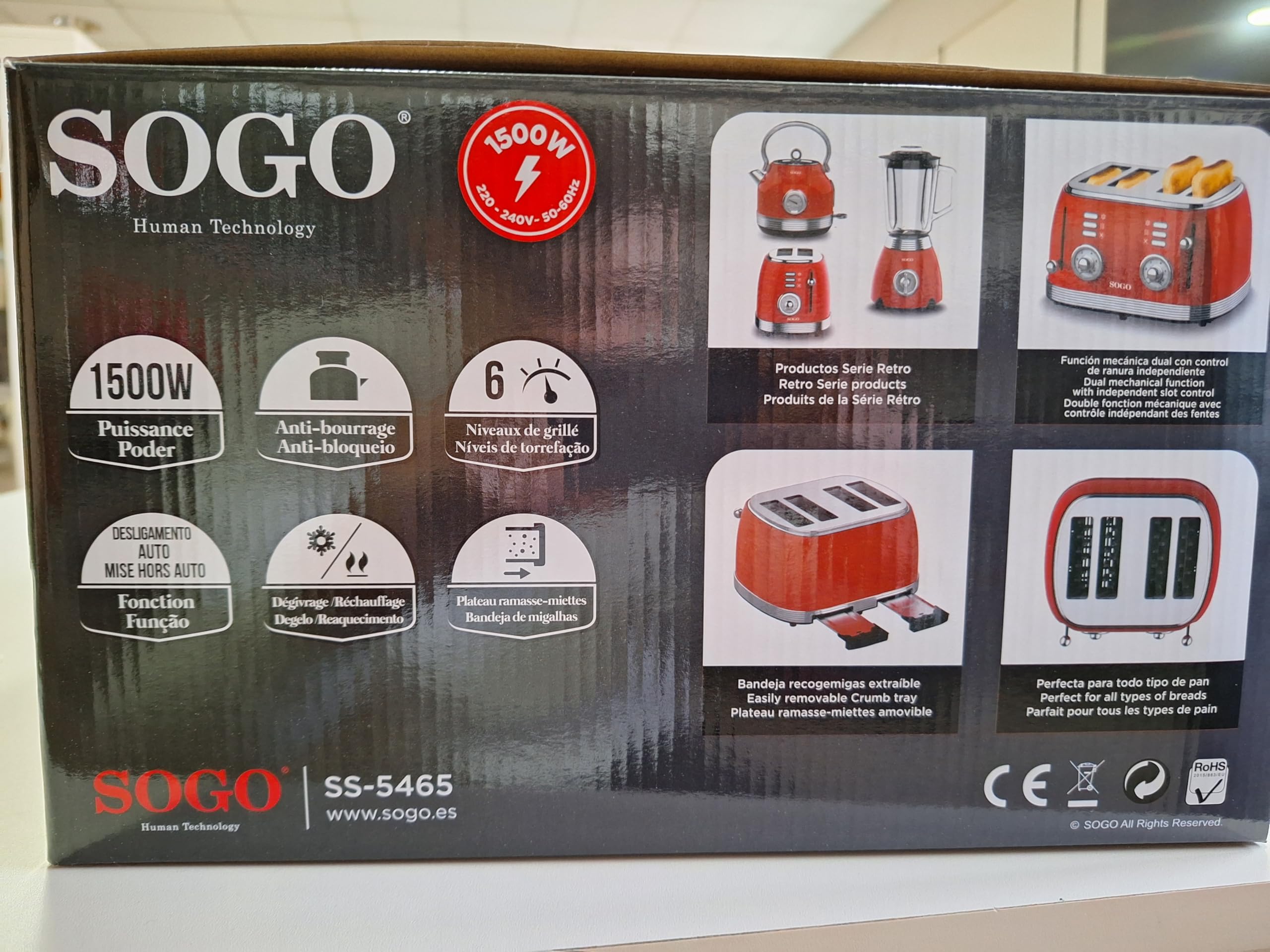 Sogo Retro Vintage stal INOX (Czerwony, Toster 1500W)