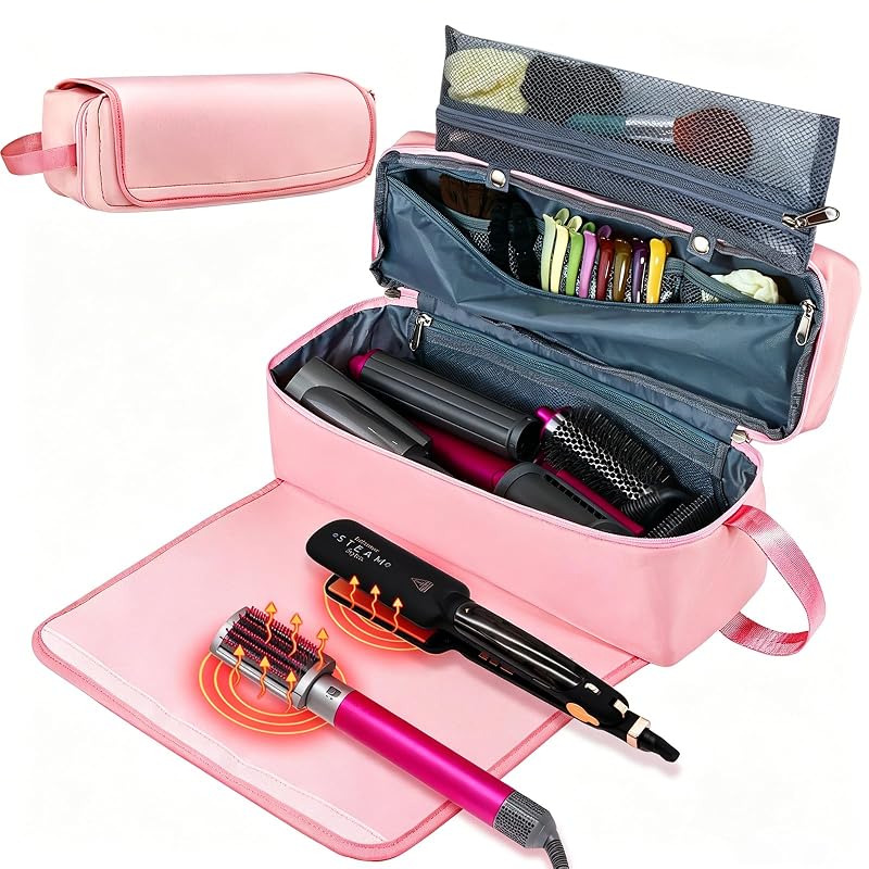 Bolsa de viagem FAMOPLAY para ferramentas de cabelo com tapete resistente ao calor, estojo organizador de duas camadas, 41,91 x 13,97 x 13,97 cm