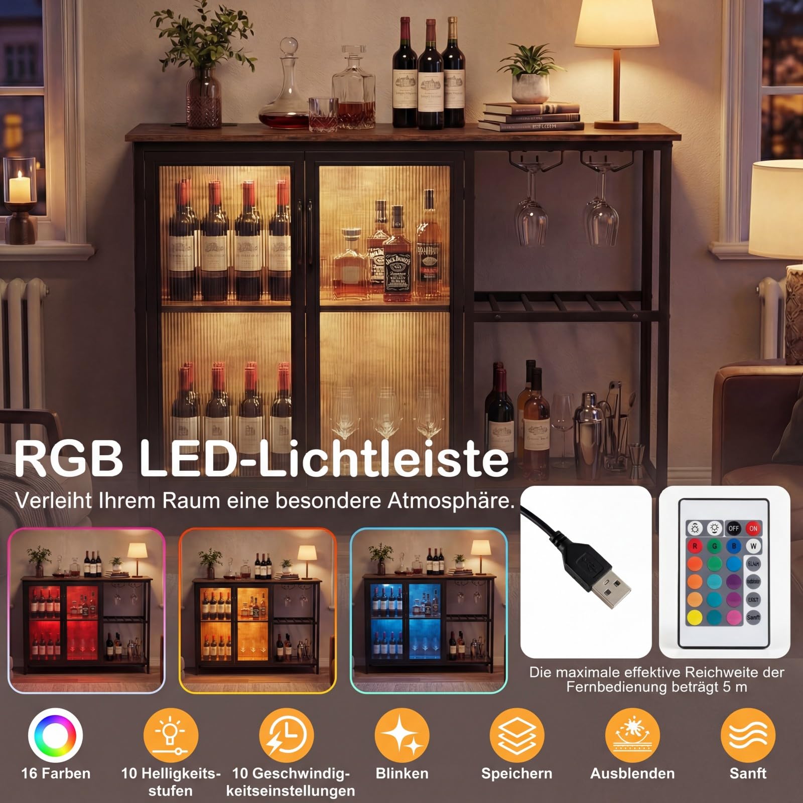 COSTWAY Weinschrank mit LED-Beleuchtung, Barschrank mit Weinregalen, Glashalter, Glastür & Steckdosen, Sideboard mit Metallrahmen, Buffetschrank industriell für Küche, Esszimmer, 110 × 35 × 82 cm