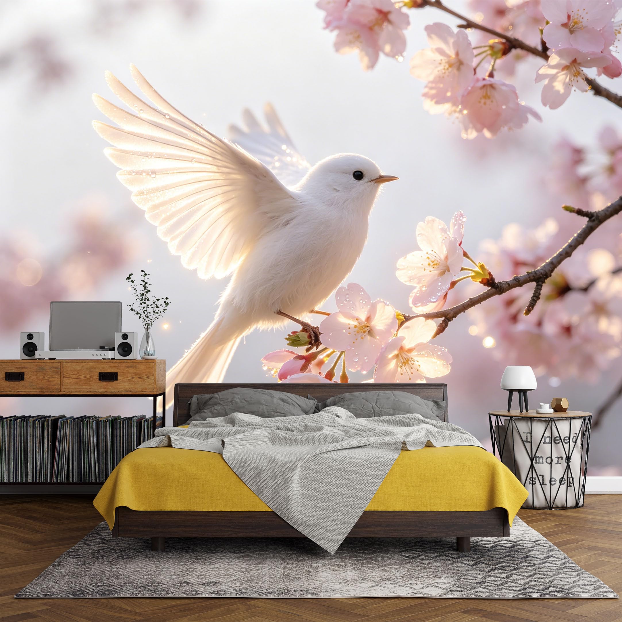 Custom Size Wall Mural Botanical White Bird Sakura Cherry Blossom Spring Floral，SelfAdhesive Art Prints wall Fabric(No PVC) Removable Wallpaper Living Room Decor