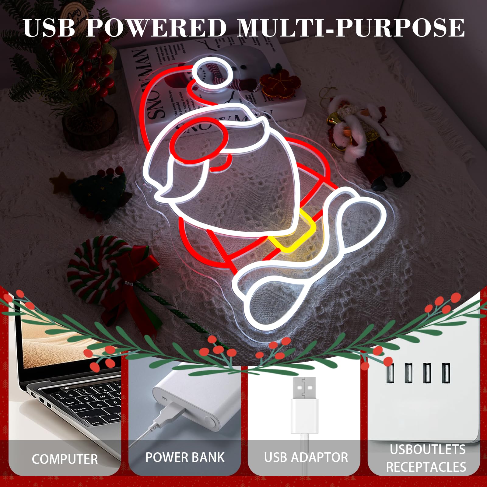 NOXET Neonowy szyld Christmas Gnome neonowy znak Święty Mikołaj neonowy znak Boże Narodzenie neonowe światło do dekoracji ścian Boże Narodzenie tabliczka LED na imprezę, Nowy Rok, festiwal, dekoracja