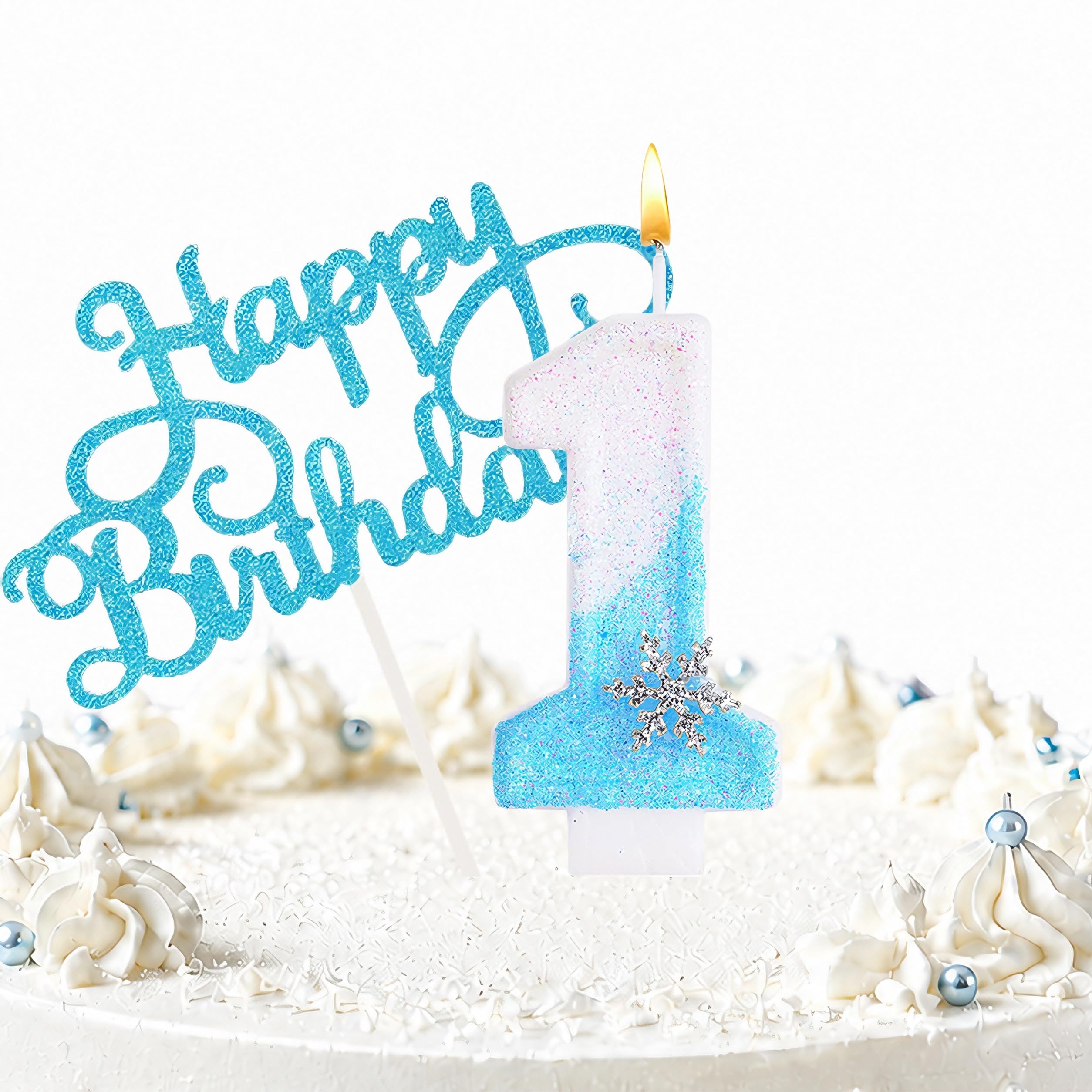 Snowflake Birthday Candles, Blue Glitter Snowflake Number Candle with Themed Birthday Decorations, 2PCS Cake Toppers for Girls Birthday Party (1 Candle,Snowflake)