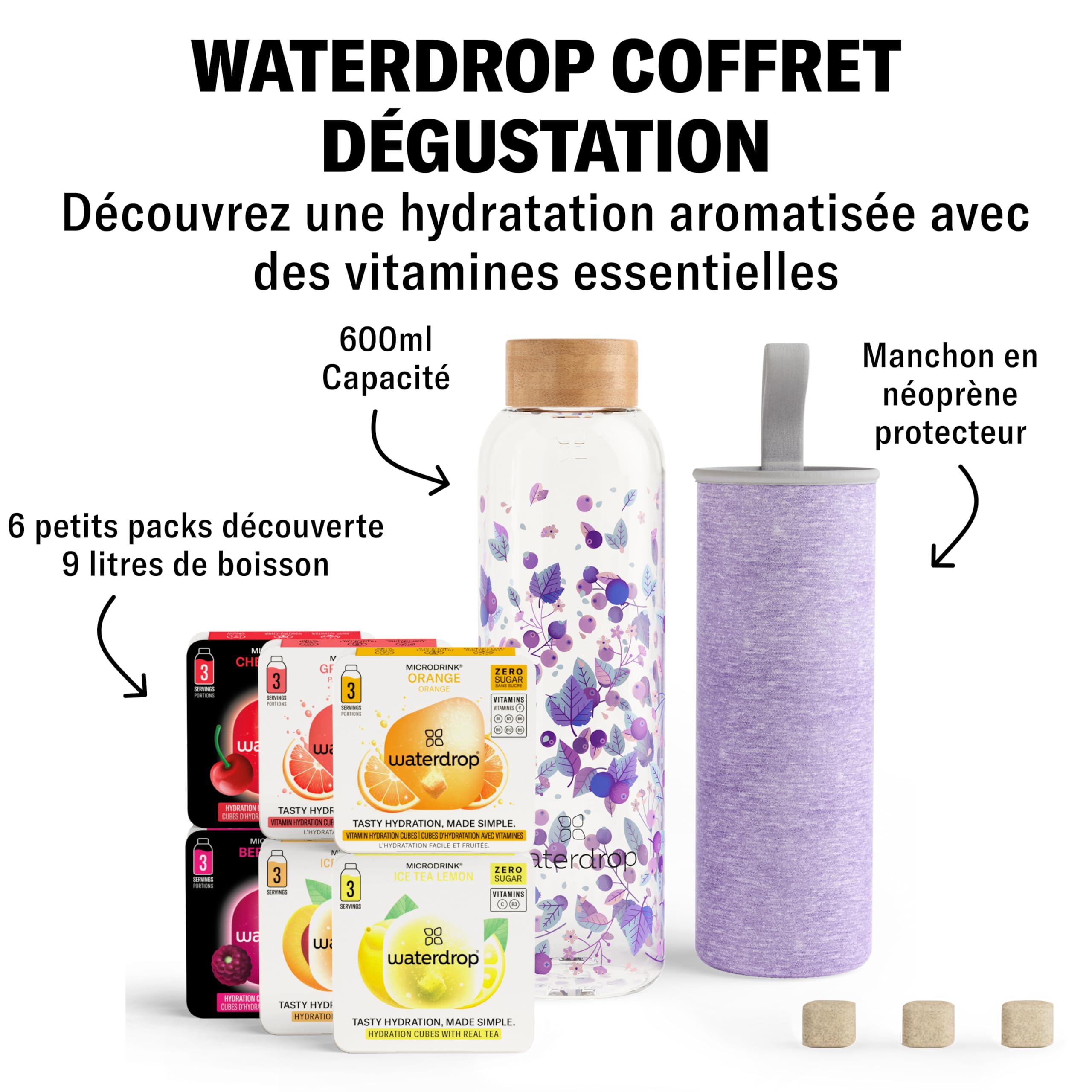 waterdrop® Coffret Dégustation Verre - Bouteille en Verre 600ml + 18 Cubes à Boire en 6 Saveurs, Boisson en Cube avec Vitamine C & Vitamine B, Sans Sucre, Gourde d'Eau, Coffret Cadeau Femme & Homme