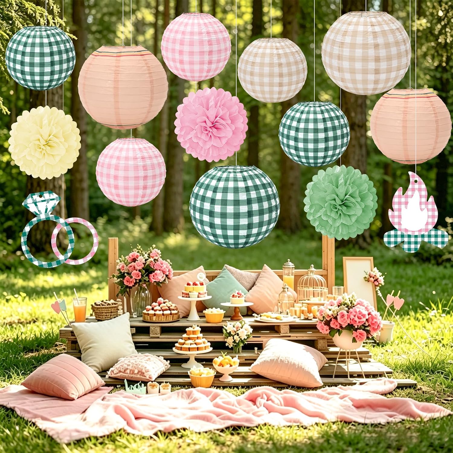 JarThenaAMCS 18 Pcs Camp Bachelorette Decoration Pink Green Gingham Lanterns with Tissue Pom Pom Hanging Swirls for Summer Bachelorette Wedding Bridal Engagement Outdoor Party