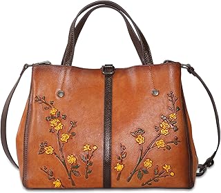 SHARPAD Genuine Leather Satchel for Women Top Handle Bags Handmade Purse Vintage Embossed Leather Crossbody Handbags Hobo Bag (Brown-2)