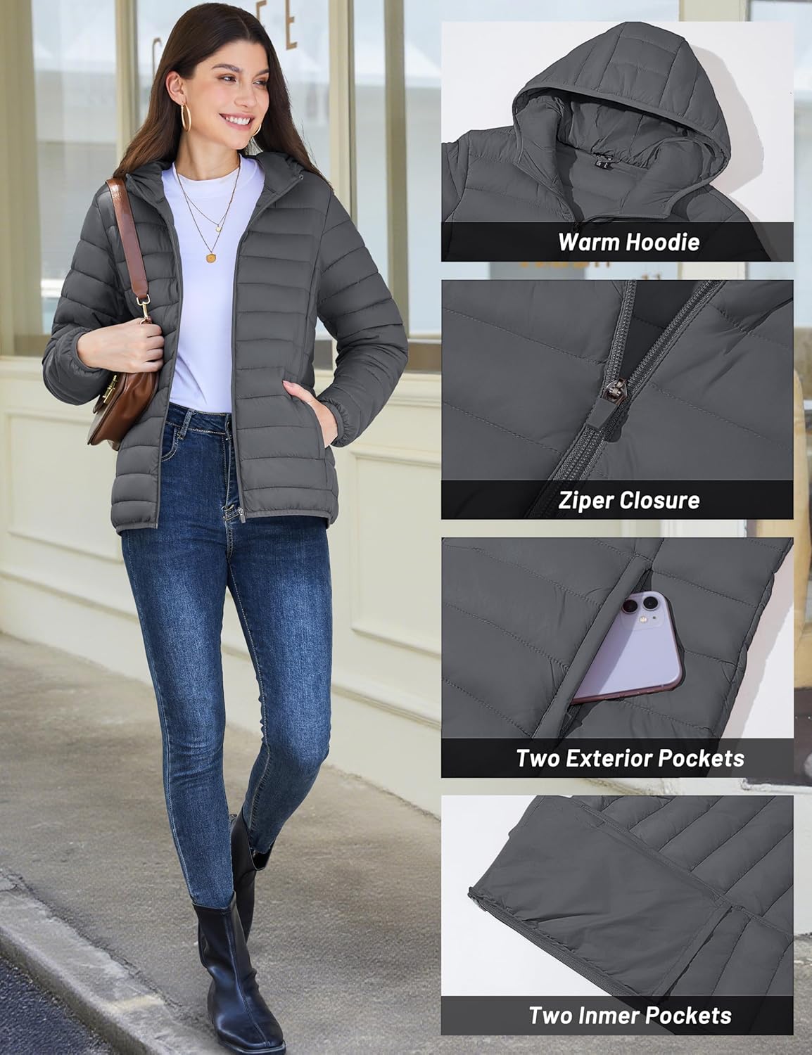 YUCOLEN Women's Puffer Jacket with Hood Lightweight Quilted Padded 4 Pockets Zip-up Coat Winter Jackets for Women - Image 6