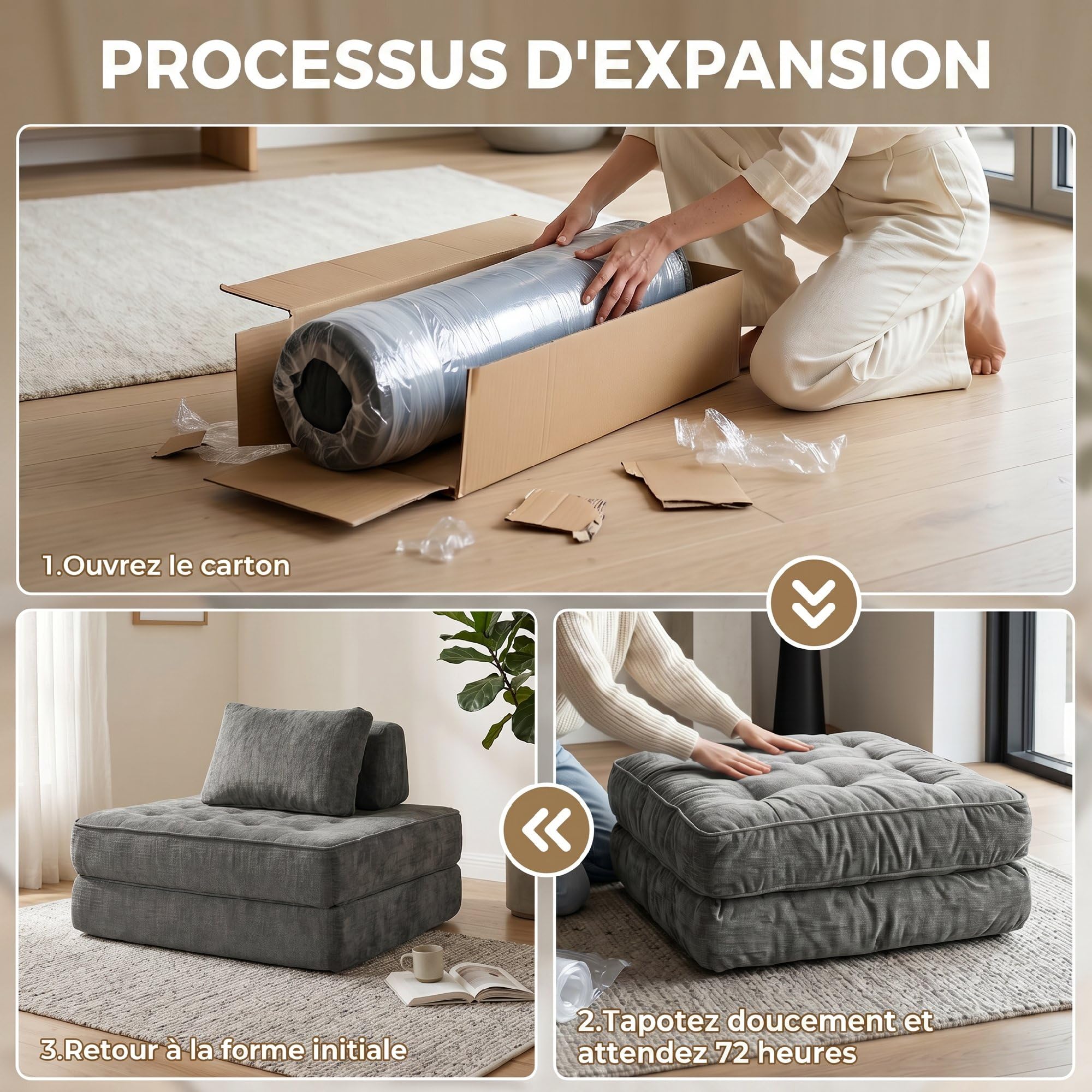 HOMCOM Canapé-Lit Pliant 2 en 1 Chauffeuse 1 Place en Chenille Gris | Matelas Pliable, Coussin Épais, Dossier et Oreiller, Entièrement Compressé, Aucun Assemblage Requis, pour Salon Chambre