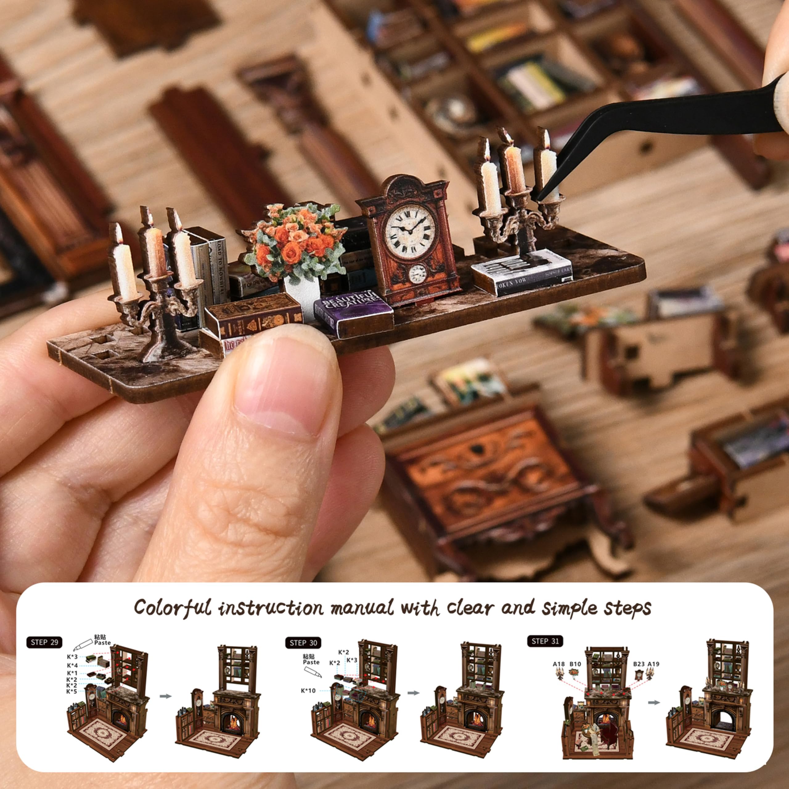 ISSEVE Kit per angolo del libro, kit fai da te in miniatura per adulti e principianti, mini kit per casa delle bambole, decorazione per libreria, puzzle in legno 3D per regali artigianali (biblioteca