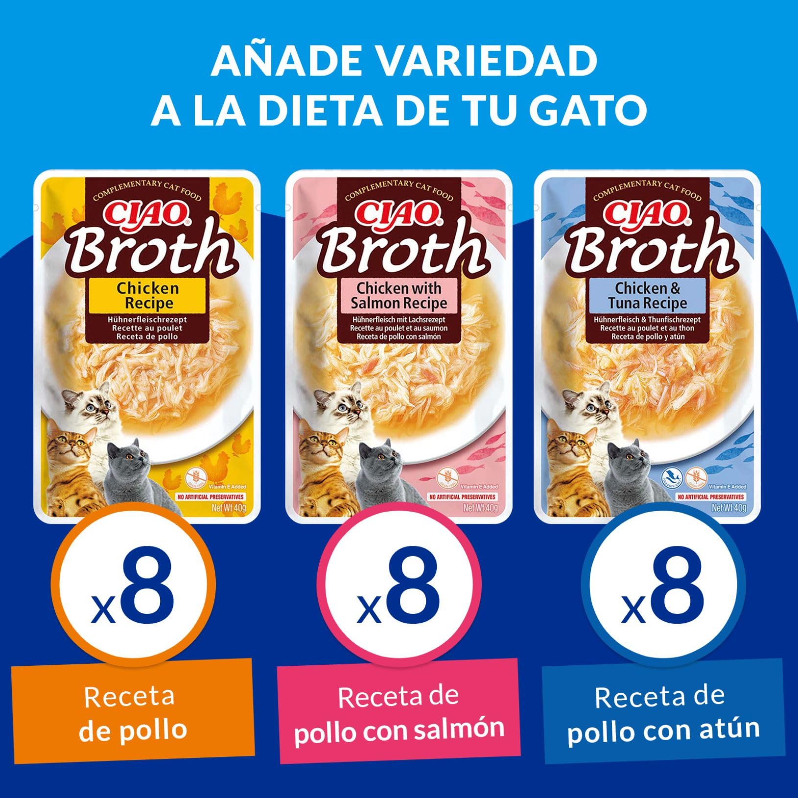 INABA Ciao Broth Gatos - Receta Saludable de Caldo de Pollo, 3 Sabores Diferentes - Comida Húmeda con Tiras de Pollo, Salmón y Atún - Natural, sin Cereales - 960g (24 Sobres x 40g)