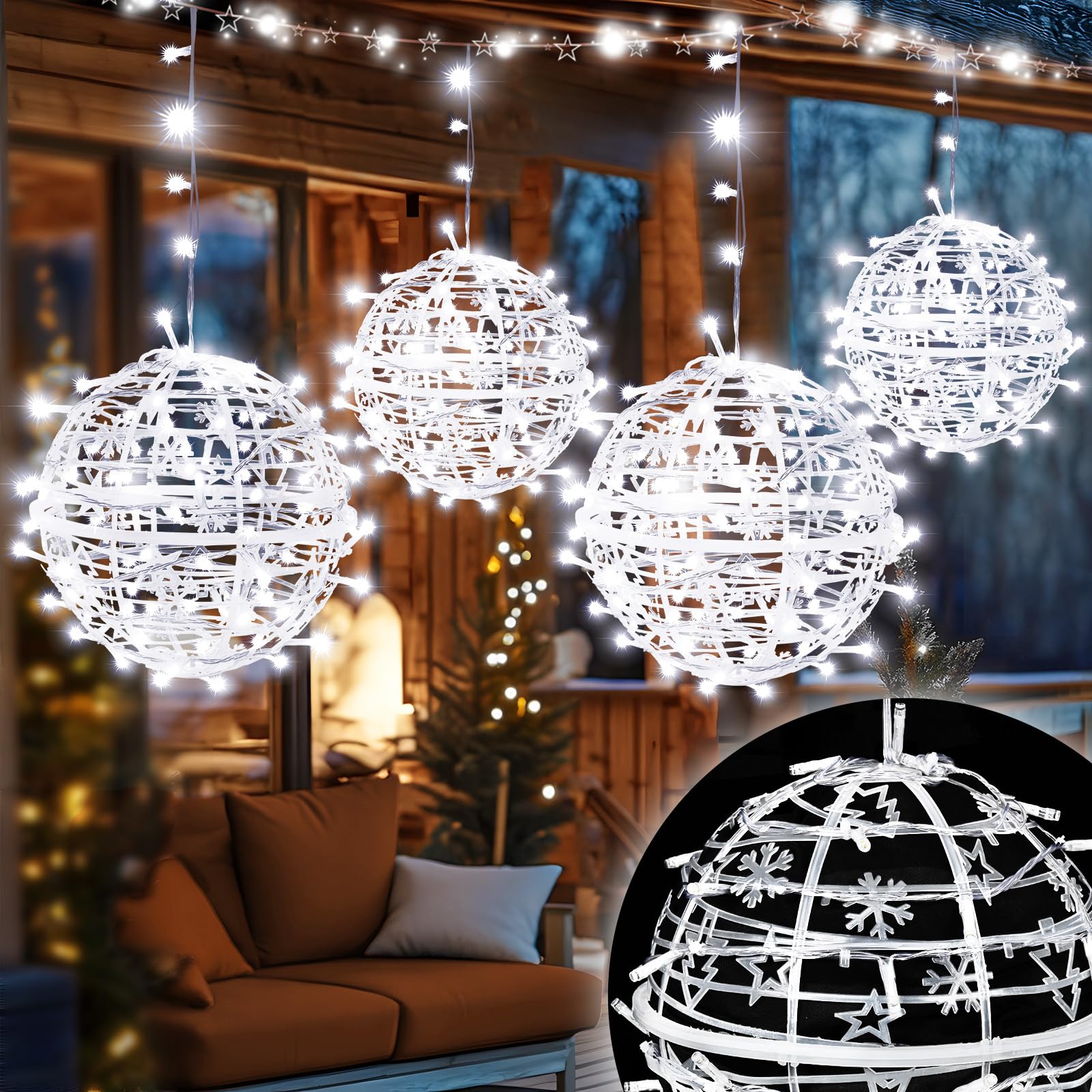 Likiyol Weihnachtskugeln für den Außenbereich, 4 Stück, 20,3 cm Kugel, Weihnachtsbeleuchtung mit Stecker, hängende Baumgartenkugel, wasserdichte Lichterkette für Hof, Terrasse, Veranda, Party