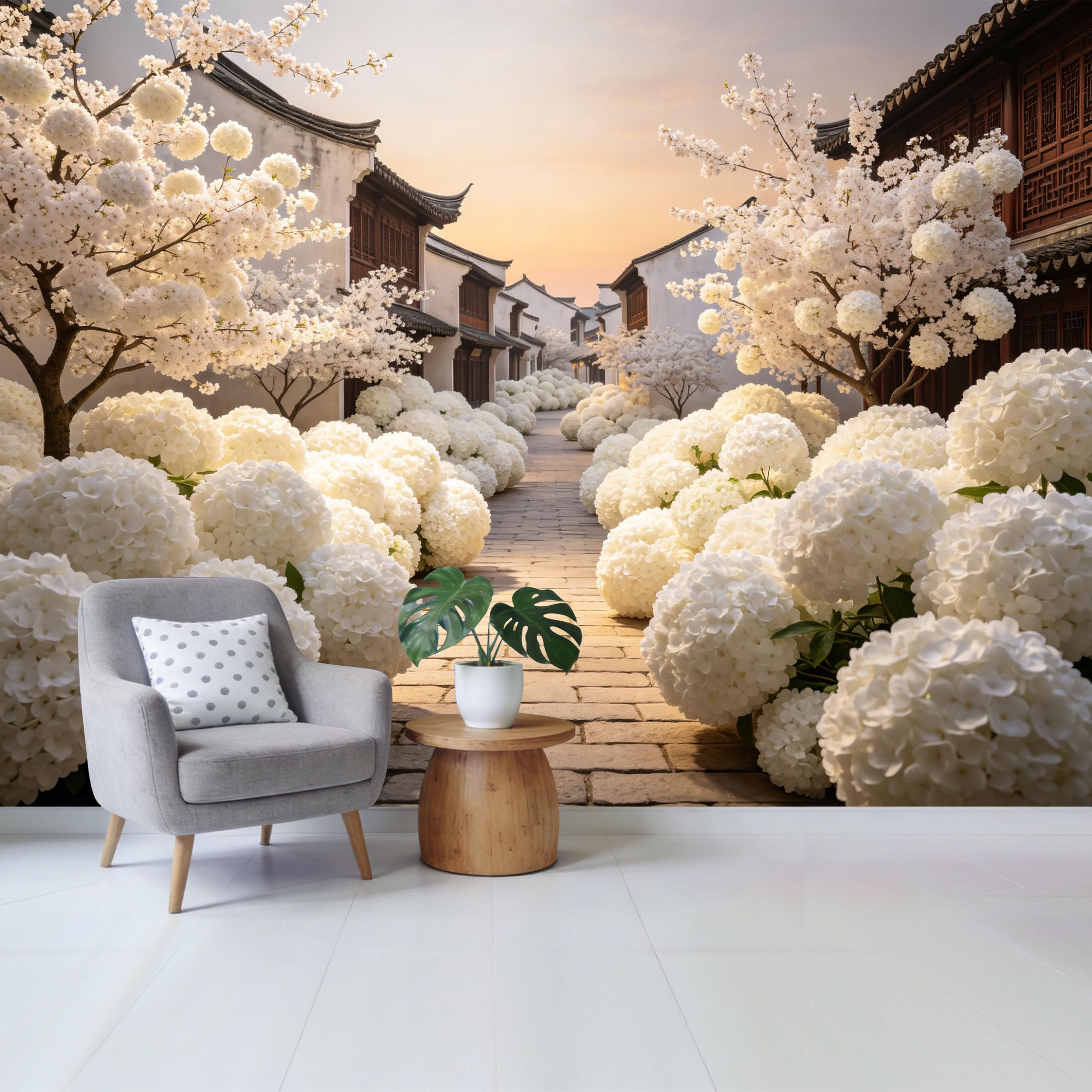 Qzlithotic Yq2605250327 Custom Size Wall Mural Traditional Asian Zen Garden White Hydrangea Flowers Architectural Landscape Selfadhesive Wall Fabric Removable Wallpaper For Home Office Decor