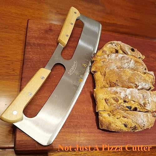 Miniatura 5 de Cuchillo cortador de pizza Rocker de acero inoxidable con asas de madera y cubierta protectora, buena herramienta de cocina, 14 pulgadas