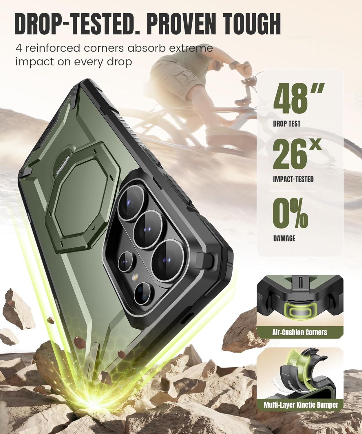 TONGATE for Samsung Galaxy S26 Ultra Case with 360° Spin Magnetic Stand, Compatible with MagSafe, Built-in Screen Protector & Belt Clip, Non-Slip Military Grade Protection Case for S26 Ultra, Green