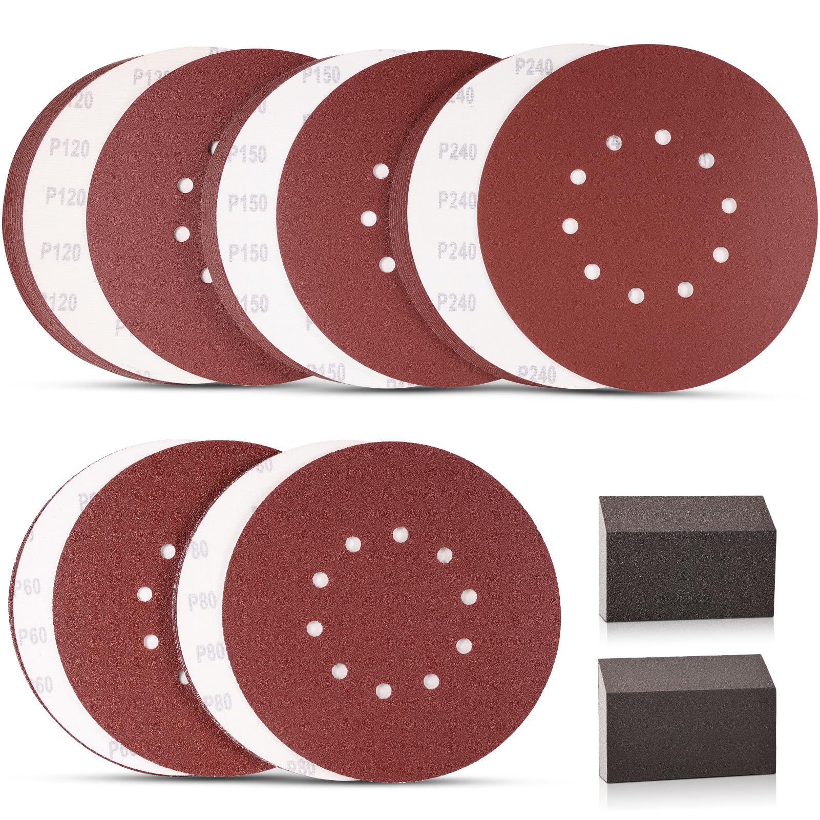WEWINK PLUS 50pcs 9-Inch 10-Hole Hook and Loop Sanding Discs, Drywall Sander Pads with Sanding Sponge, 60 80 120 150 240 Grit 9" Drywall Sandpaper for