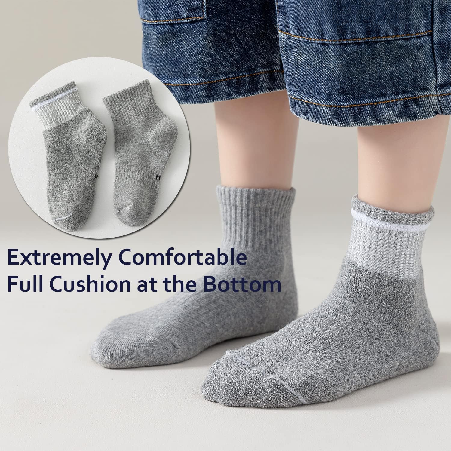 EPEIUS Kids Boys/Girls' Cushioned Socks Thick Cotton Quarter Athletic Socks Sports Running Ankle Socks 6 Pack 4-14 Years - Image 7